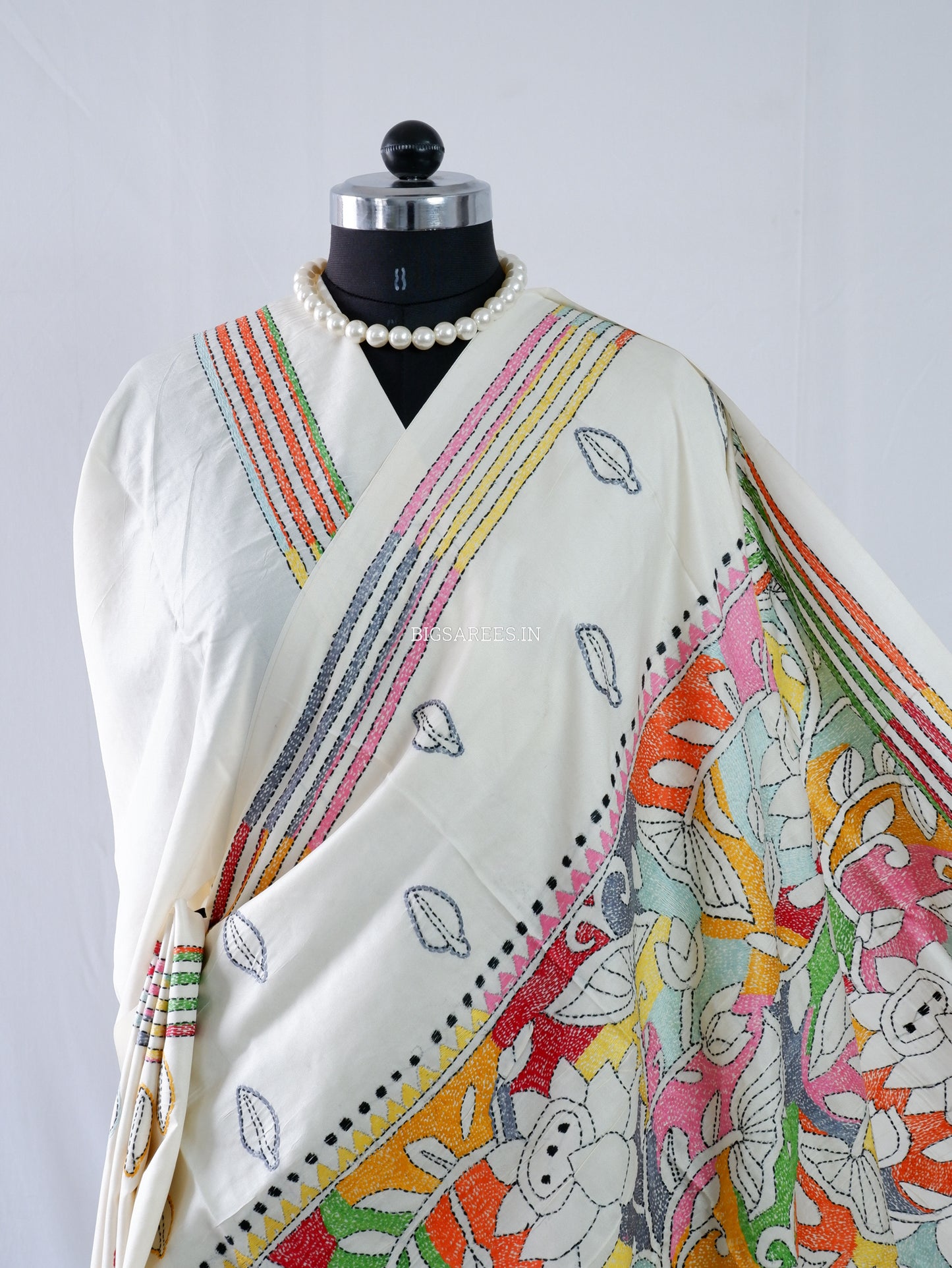 Reverse Kantha Stitch Hand Embroidered Saree | Mix Tussar Silk | Off - White