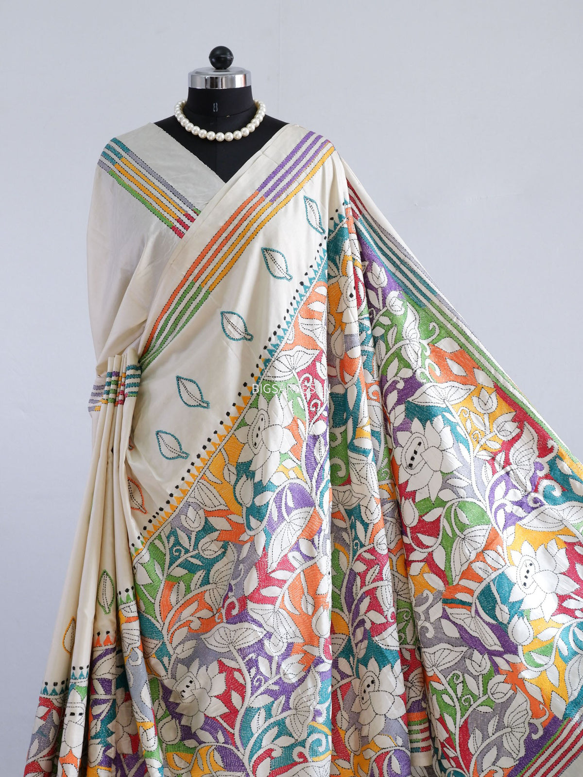 Reverse Kantha - Stitch Hand Embroidered Saree | Art Silk | Off White