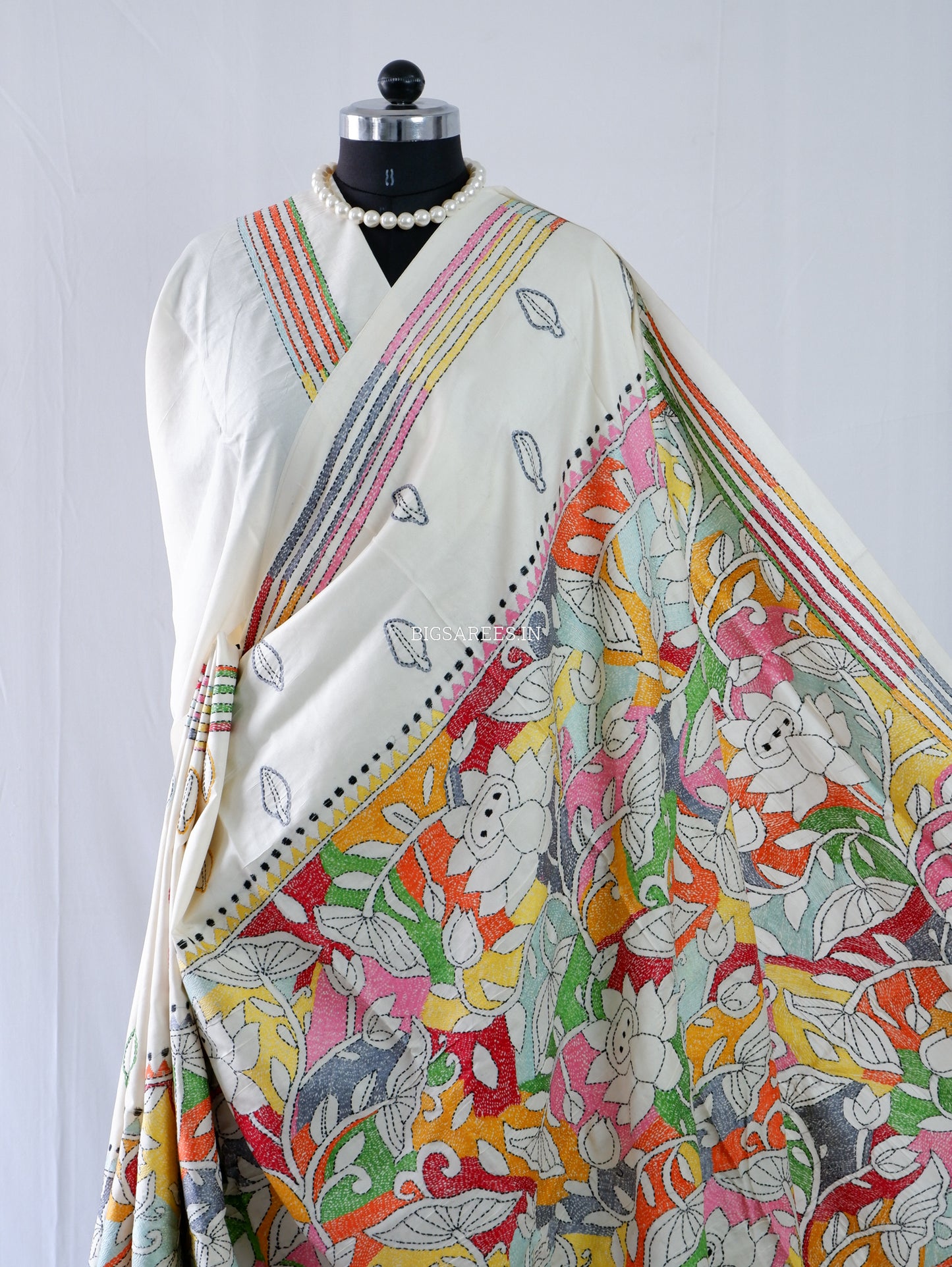 Reverse Kantha Stitch Hand Embroidered Saree | Mix Tussar Silk | Off - White