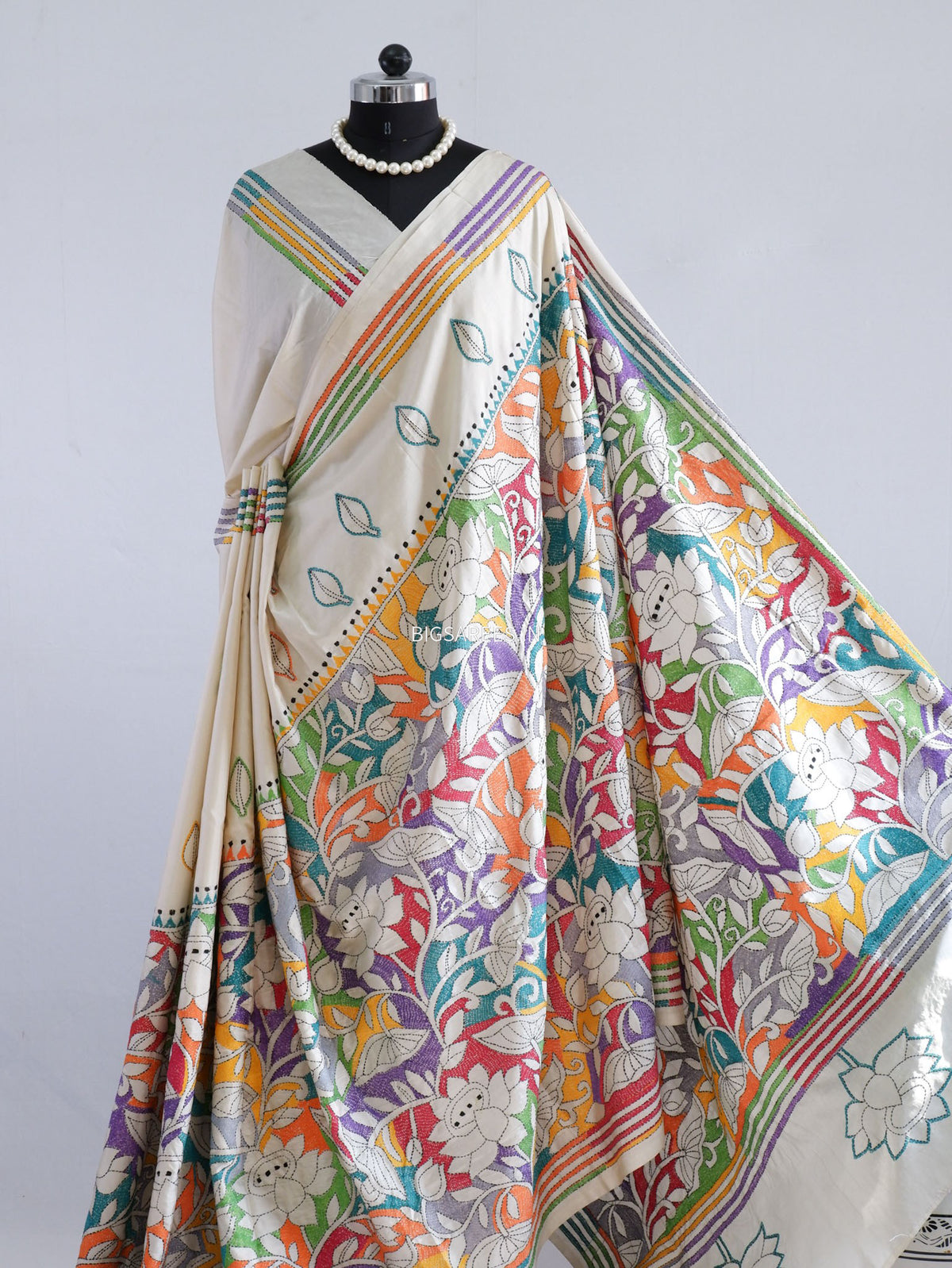 Reverse Kantha - Stitch Hand Embroidered Saree | Art Silk | Off White