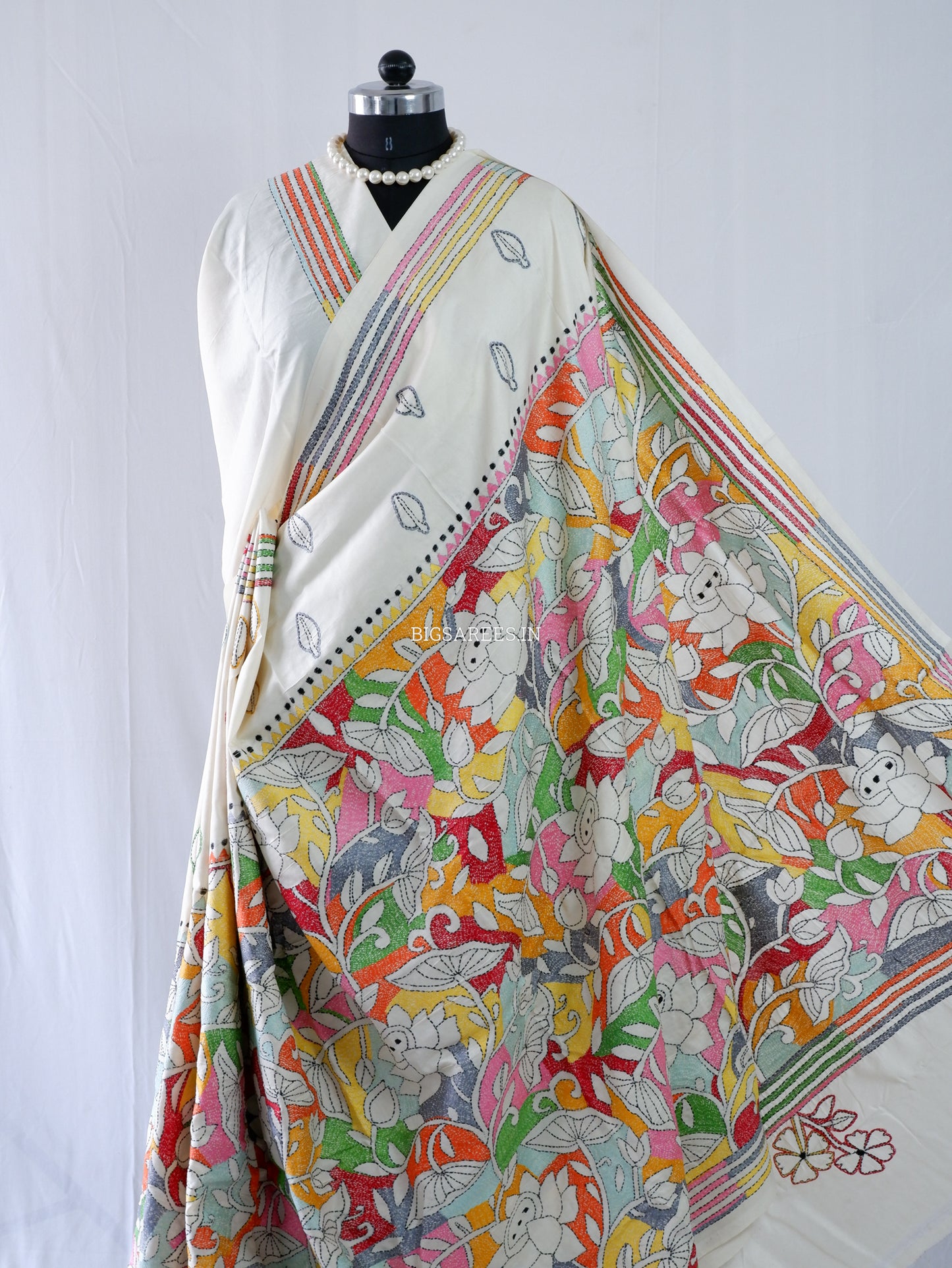 Reverse Kantha Stitch Hand Embroidered Saree | Mix Tussar Silk | Off - White