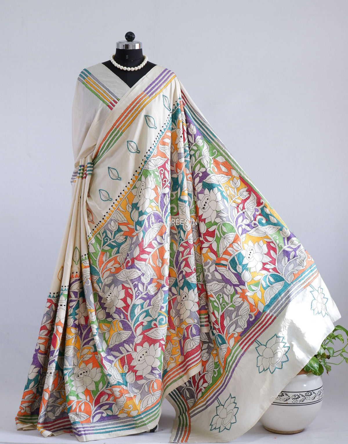 Reverse Kantha - Stitch Hand Embroidered Saree | Art Silk | Off White