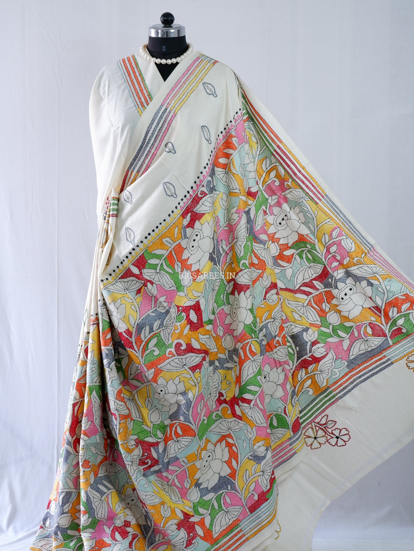 Reverse Kantha Stitch Hand Embroidered Saree | Mix Tussar Silk | Off - White