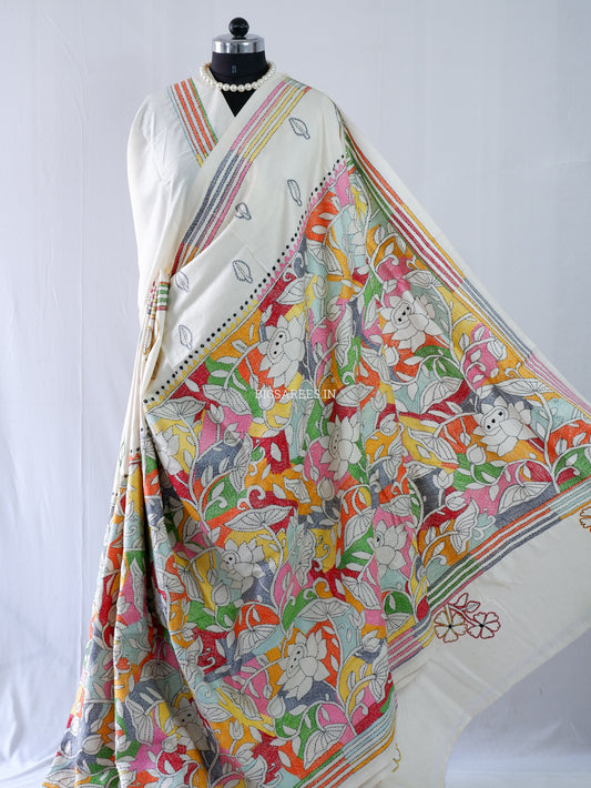 Kantha Stitch Hand Embroidered Saree | Tussar Silk | Off - White