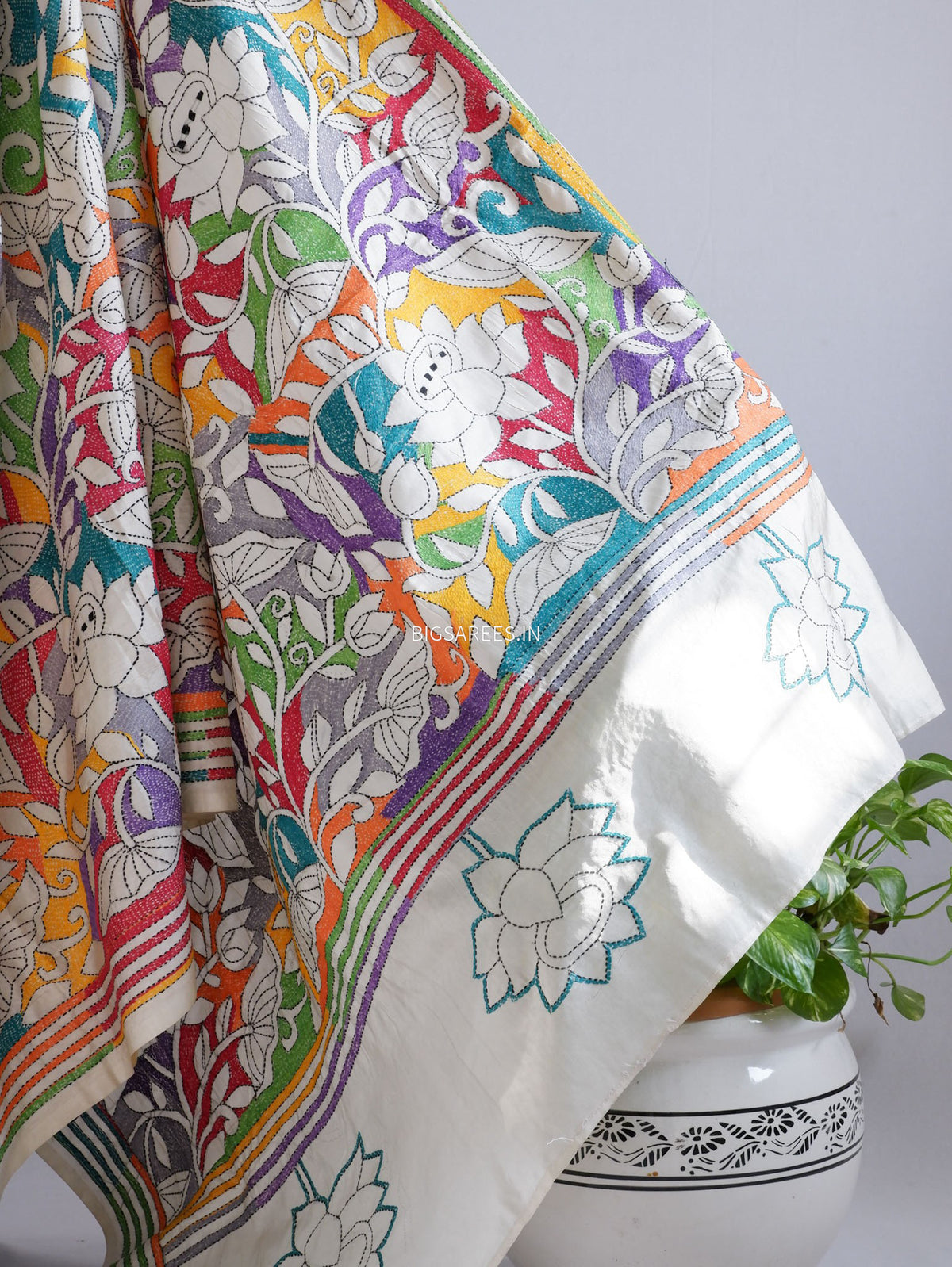 Reverse Kantha - Stitch Hand Embroidered Saree | Art Silk | Off White
