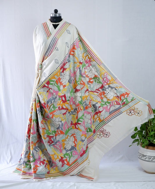 Reverse Kantha Stitch Hand Embroidered Saree | Mix Tussar Silk | Off - White