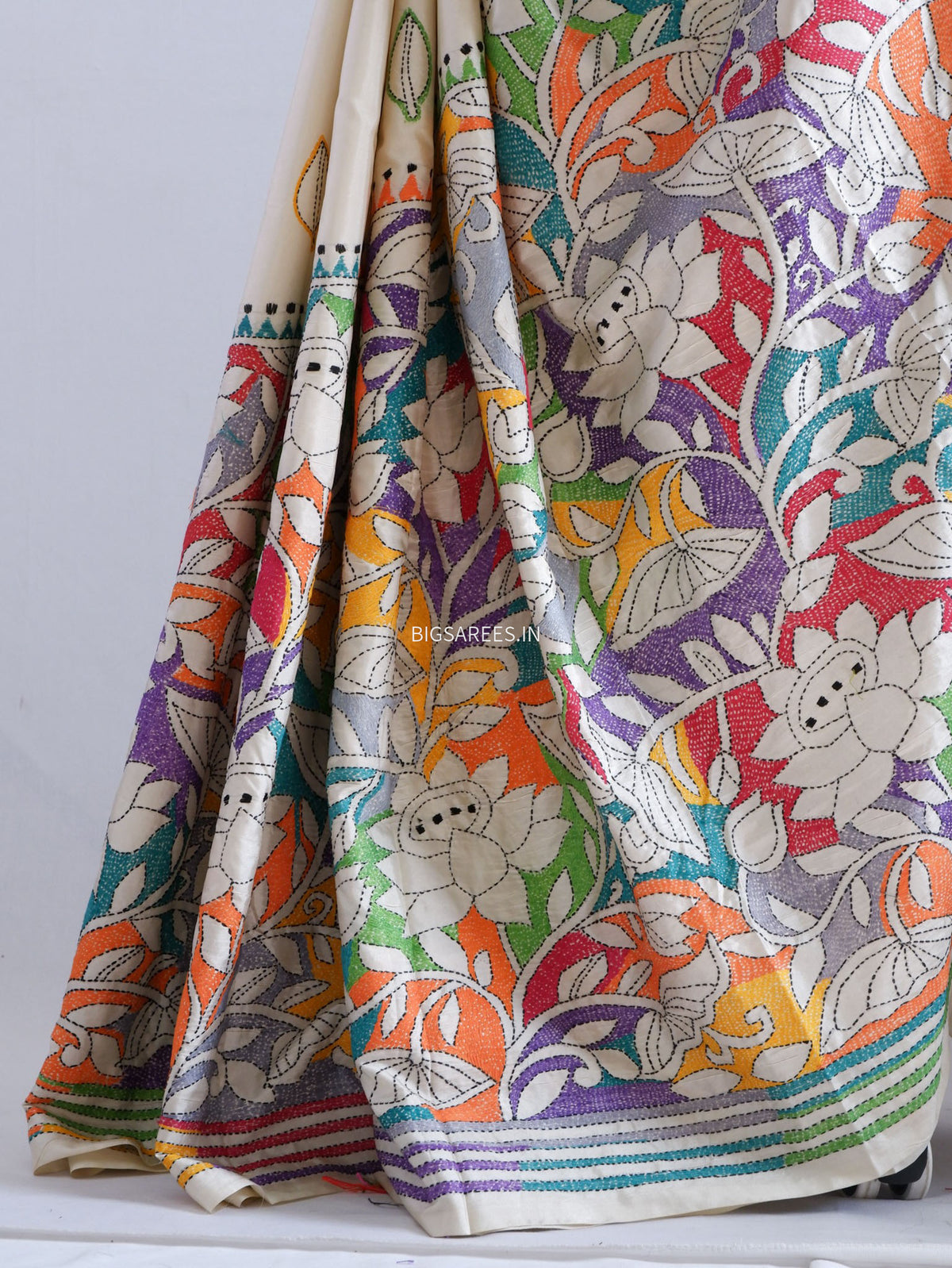 Reverse Kantha - Stitch Hand Embroidered Saree | Art Silk | Off White