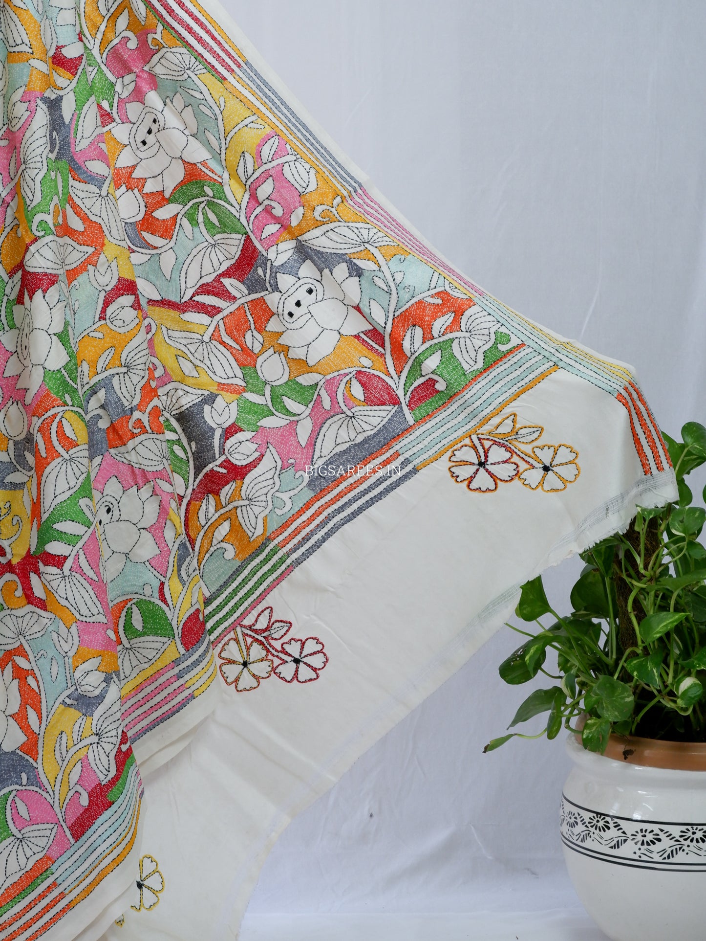 Reverse Kantha Stitch Hand Embroidered Saree | Mix Tussar Silk | Off - White