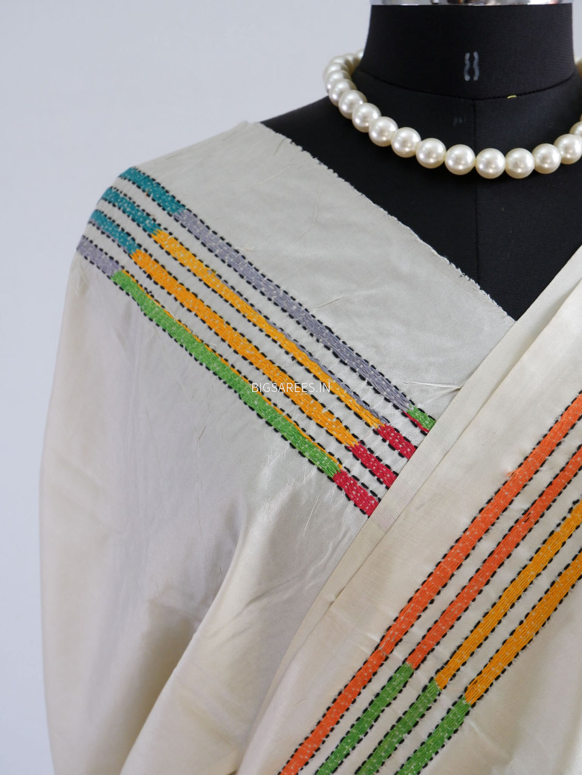 Reverse Kantha - Stitch Hand Embroidered Saree | Art Silk | Off White