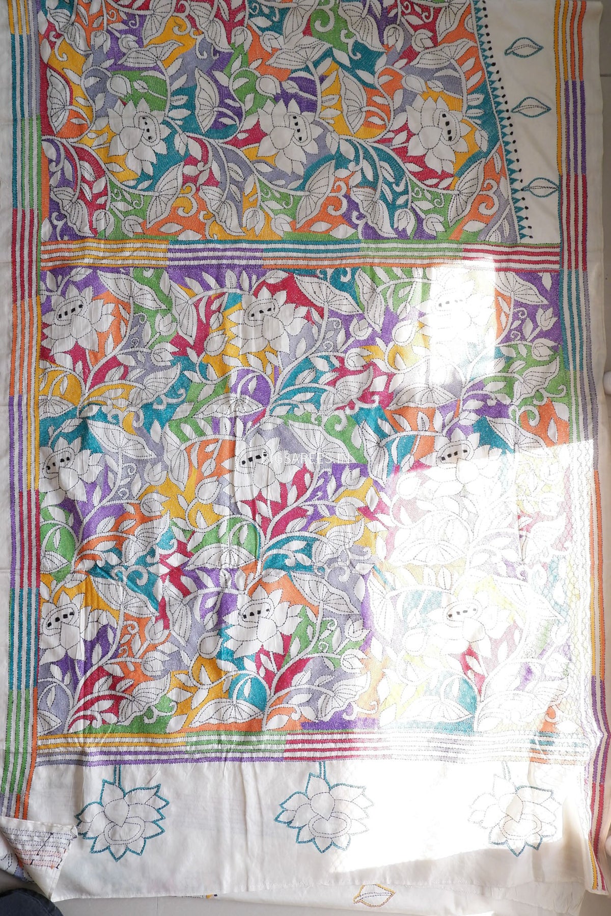 Reverse Kantha - Stitch Hand Embroidered Saree | Art Silk | Off White