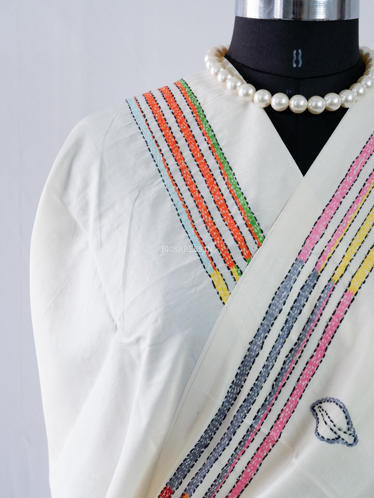 Reverse Kantha Stitch Hand Embroidered Saree | Mix Tussar Silk | Off - White