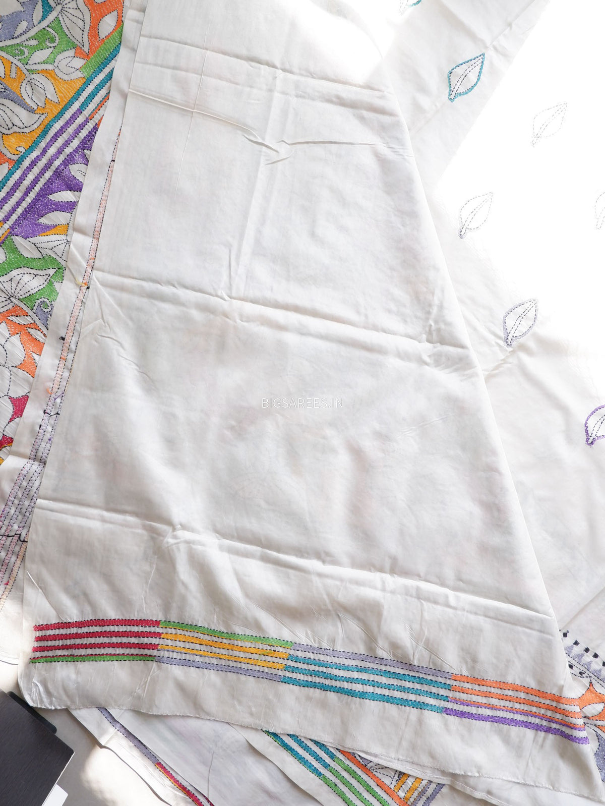 Reverse Kantha - Stitch Hand Embroidered Saree | Art Silk | Off White