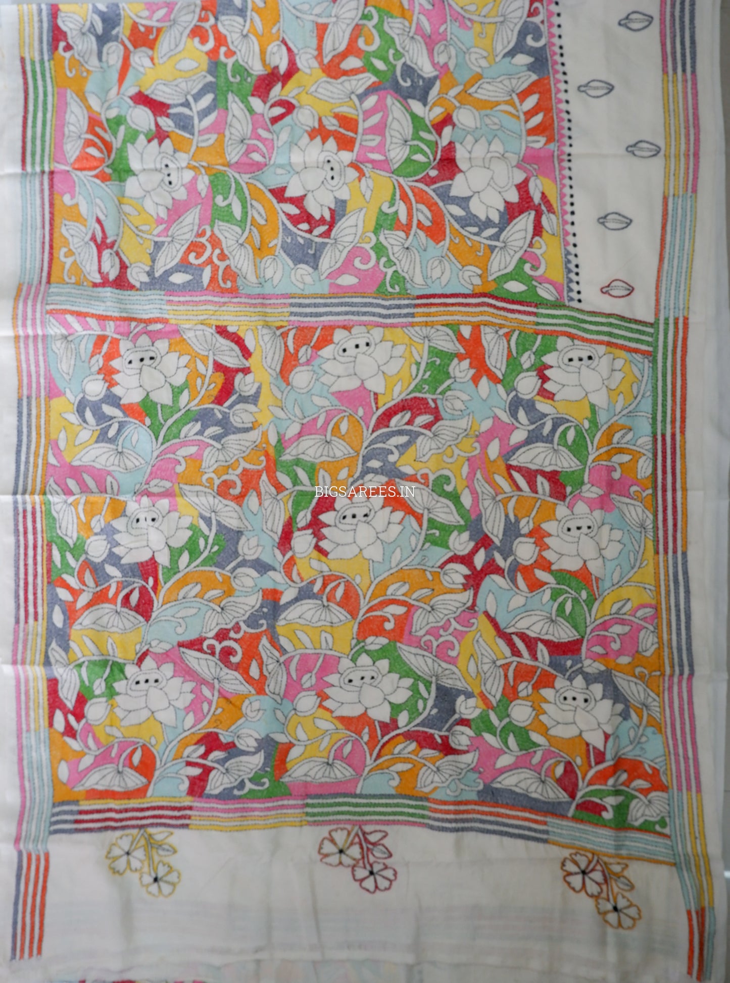 Reverse Kantha Stitch Hand Embroidered Saree | Mix Tussar Silk | Off - White