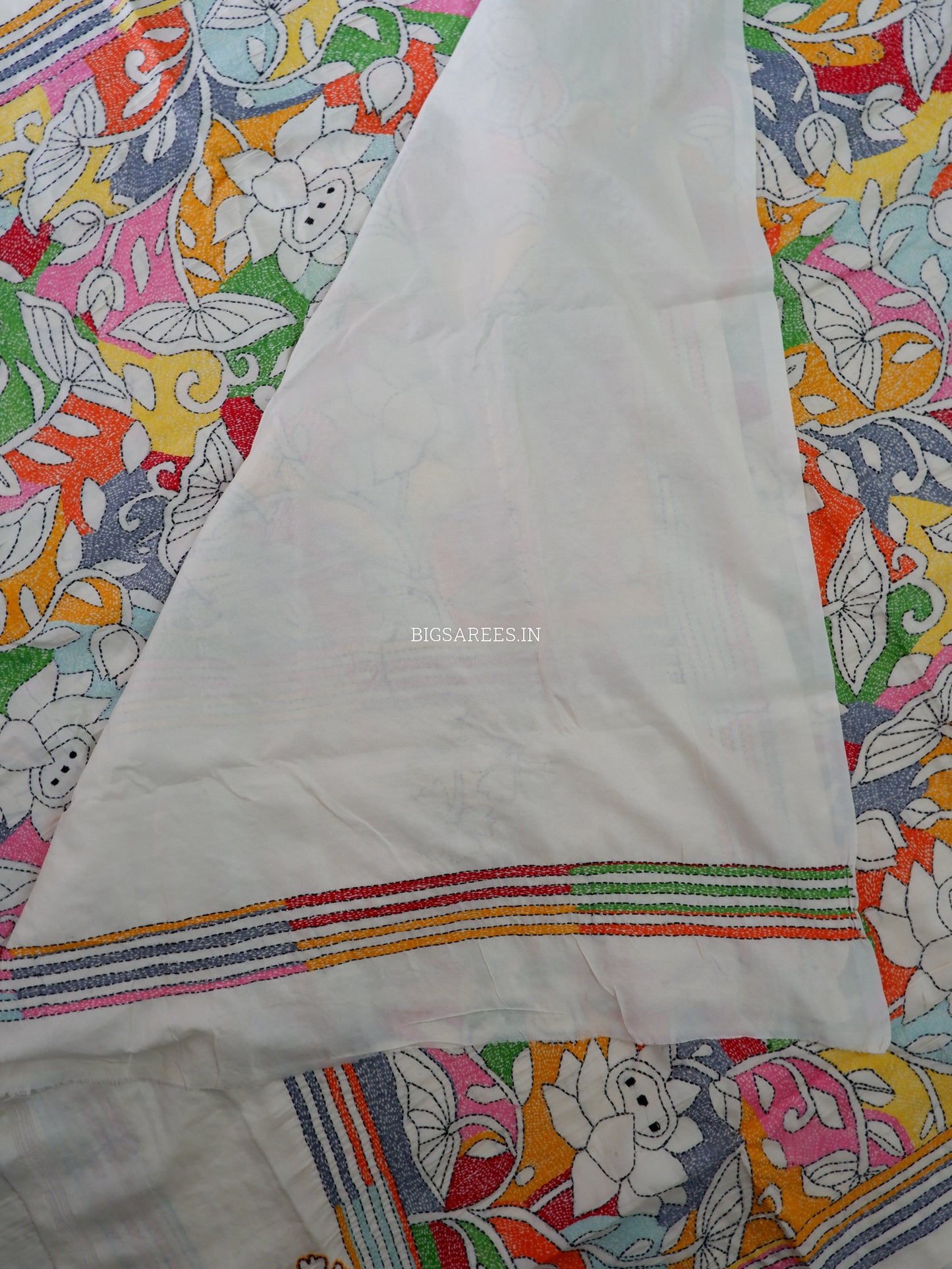 Reverse Kantha Stitch Hand Embroidered Saree | Mix Tussar Silk | Off - White