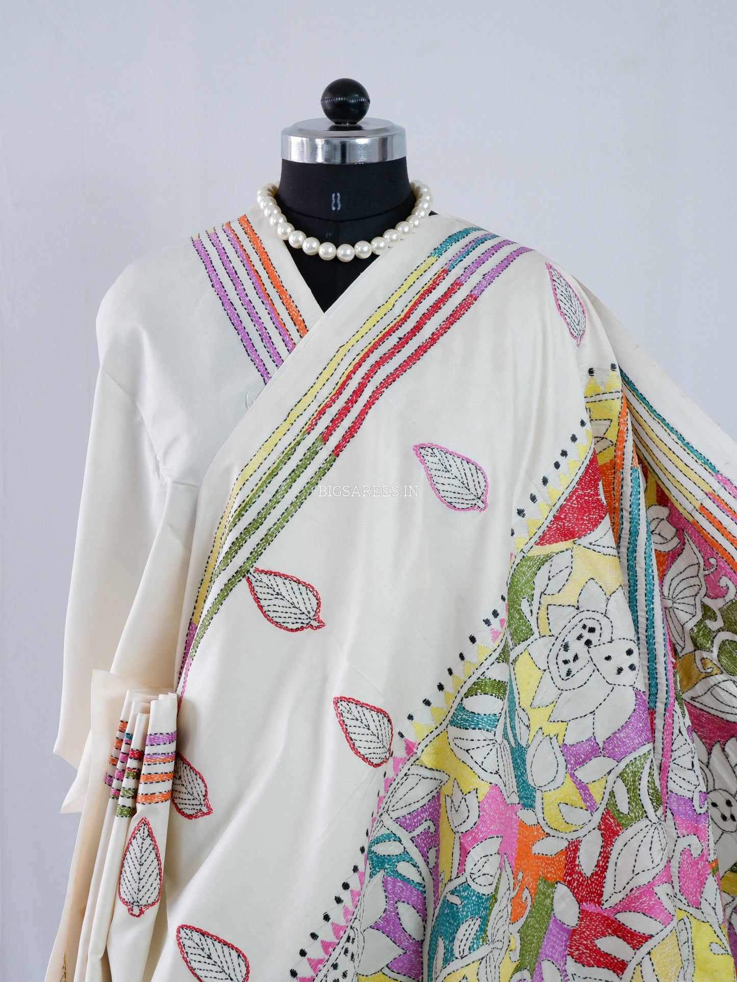 Reverse Kantha Stitch Hand Embroidered Saree |Mix Tussar Silk | Off - White