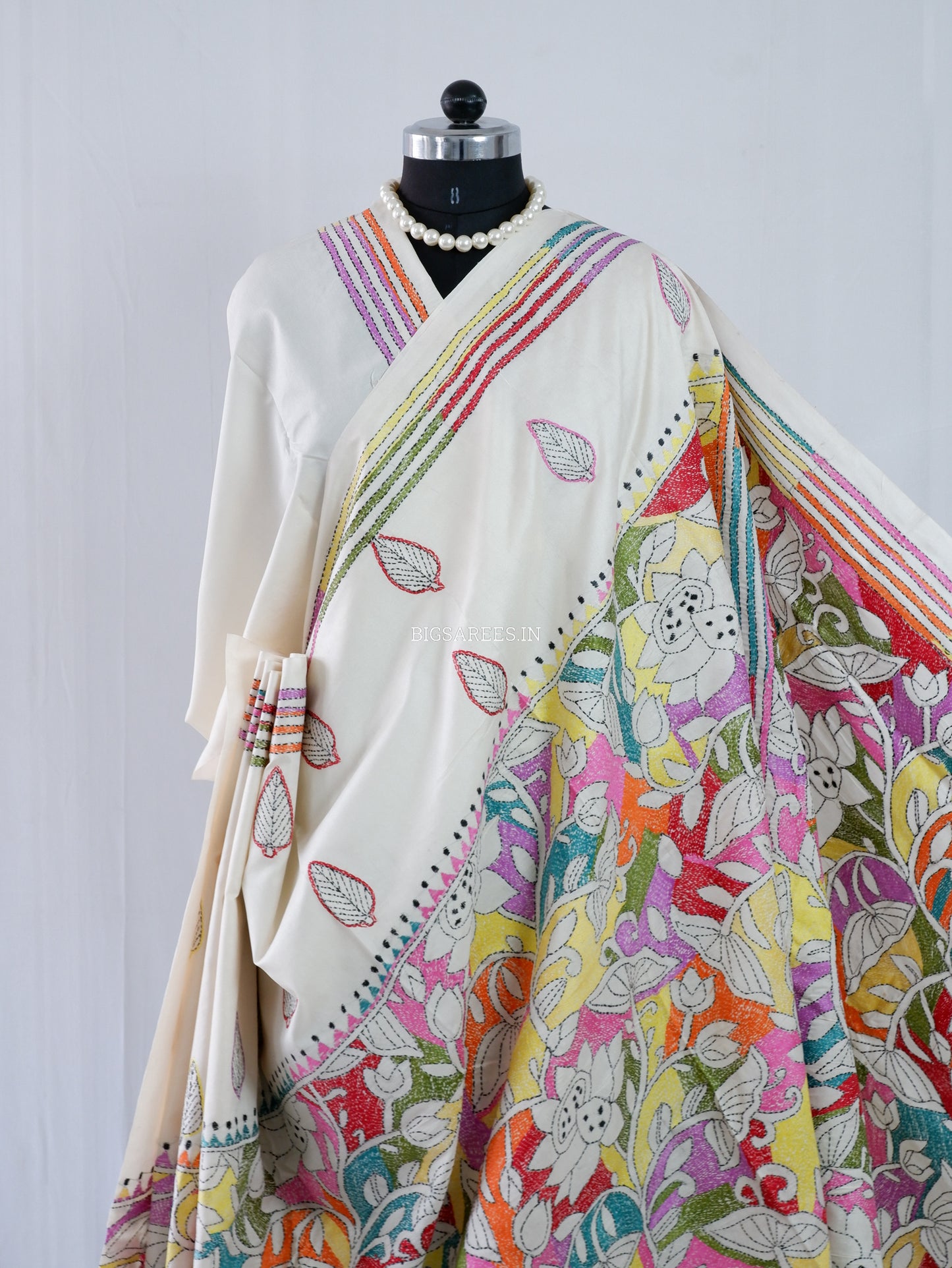 Reverse Kantha Stitch Hand Embroidered Saree |Mix Tussar Silk | Off - White