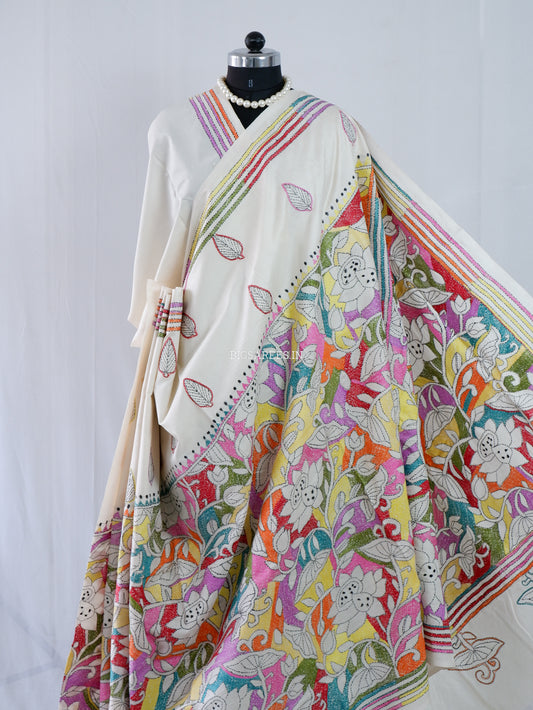Kantha Stitch Hand Embroidered Saree | Tussar Silk | Off - White