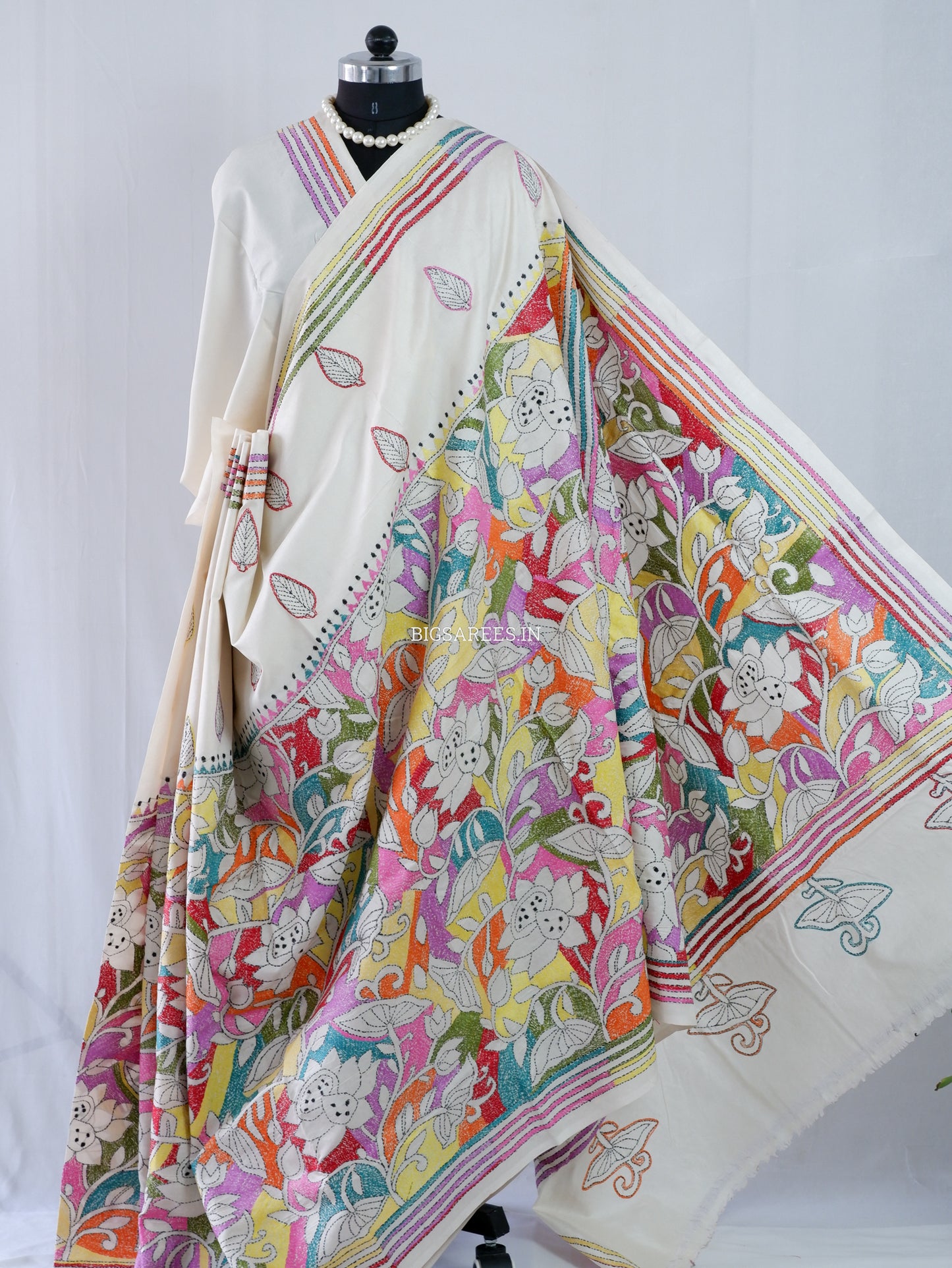 Reverse Kantha Stitch Hand Embroidered Saree |Mix Tussar Silk | Off - White