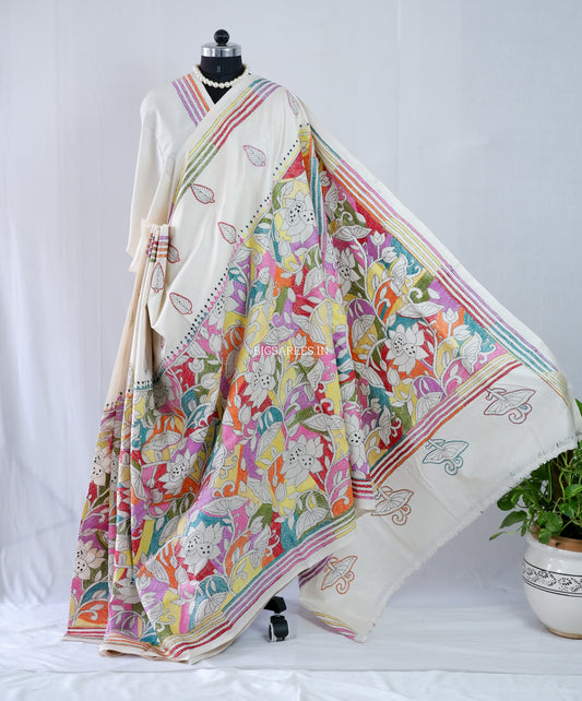 Reverse Kantha Stitch Hand Embroidered Saree |Mix Tussar Silk | Off - White