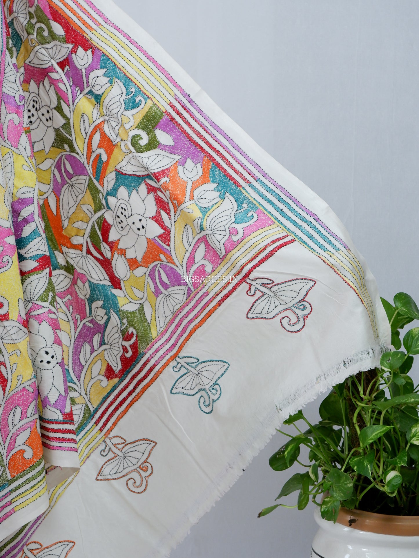 Reverse Kantha Stitch Hand Embroidered Saree |Mix Tussar Silk | Off - White