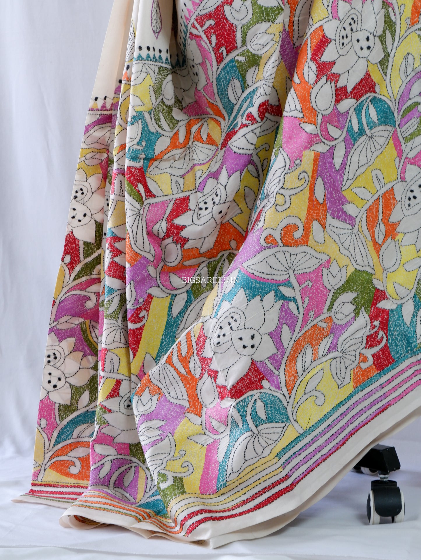 Reverse Kantha Stitch Hand Embroidered Saree |Mix Tussar Silk | Off - White