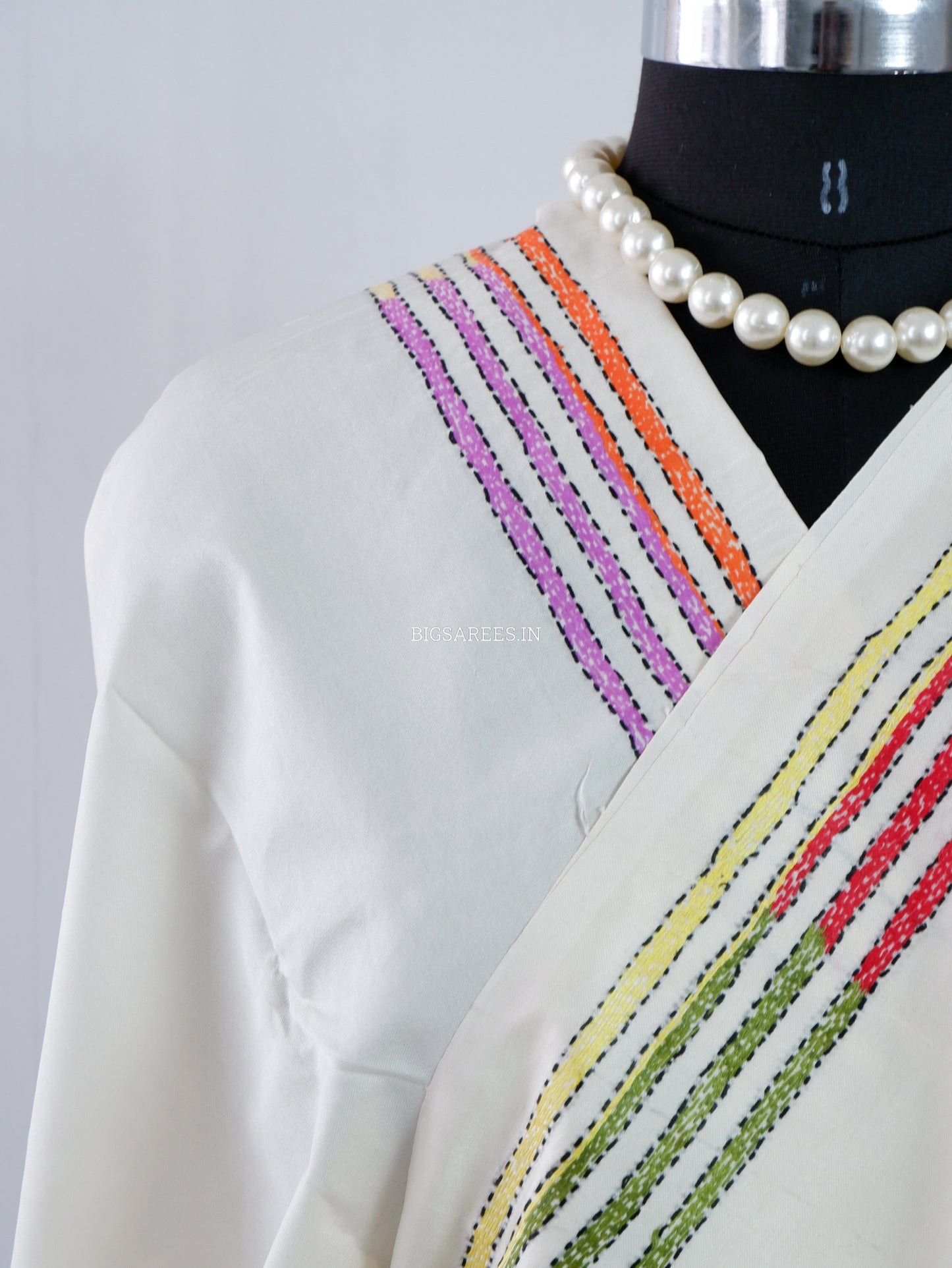 Reverse Kantha Stitch Hand Embroidered Saree |Mix Tussar Silk | Off - White