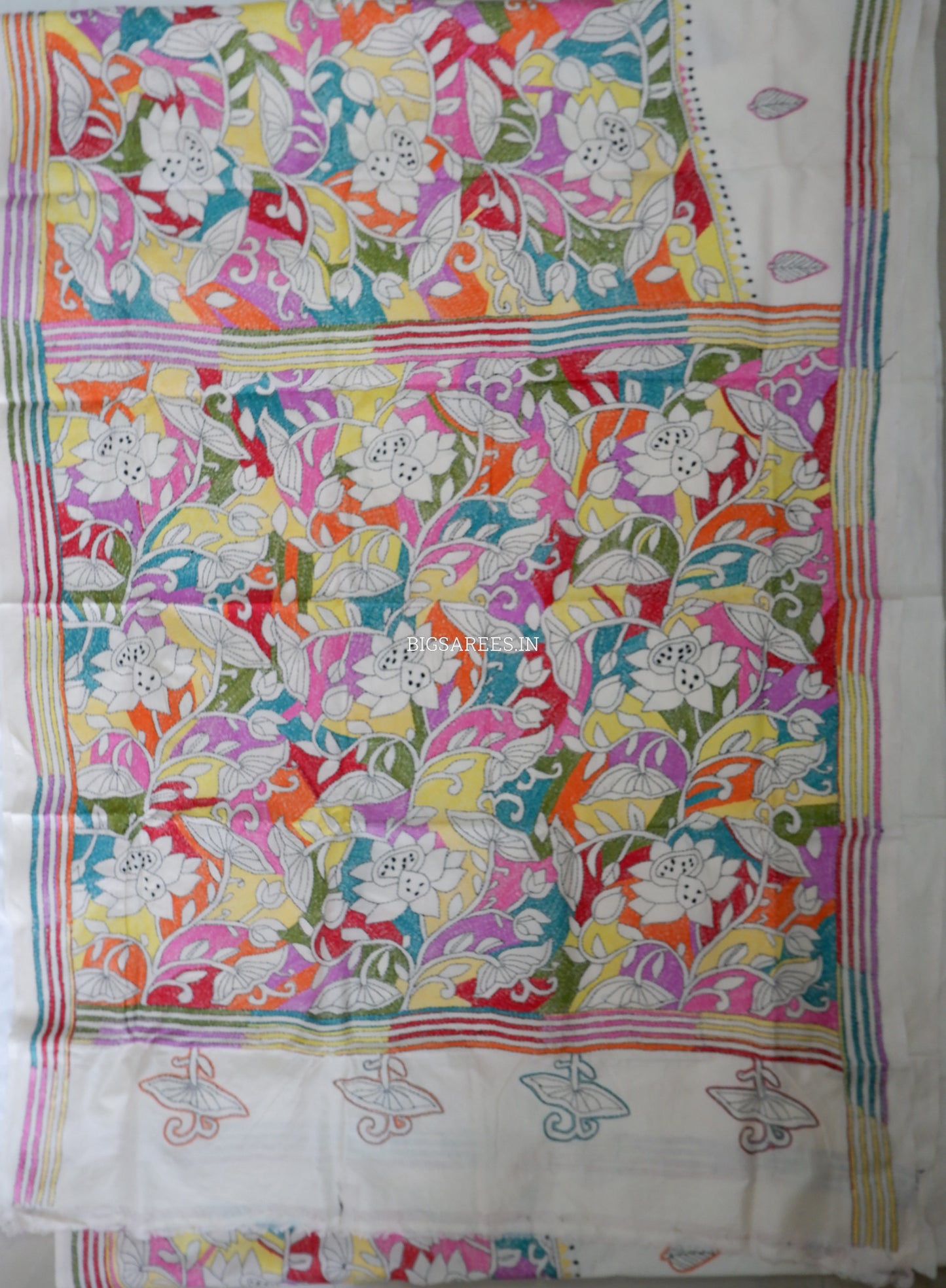 Reverse Kantha Stitch Hand Embroidered Saree |Mix Tussar Silk | Off - White