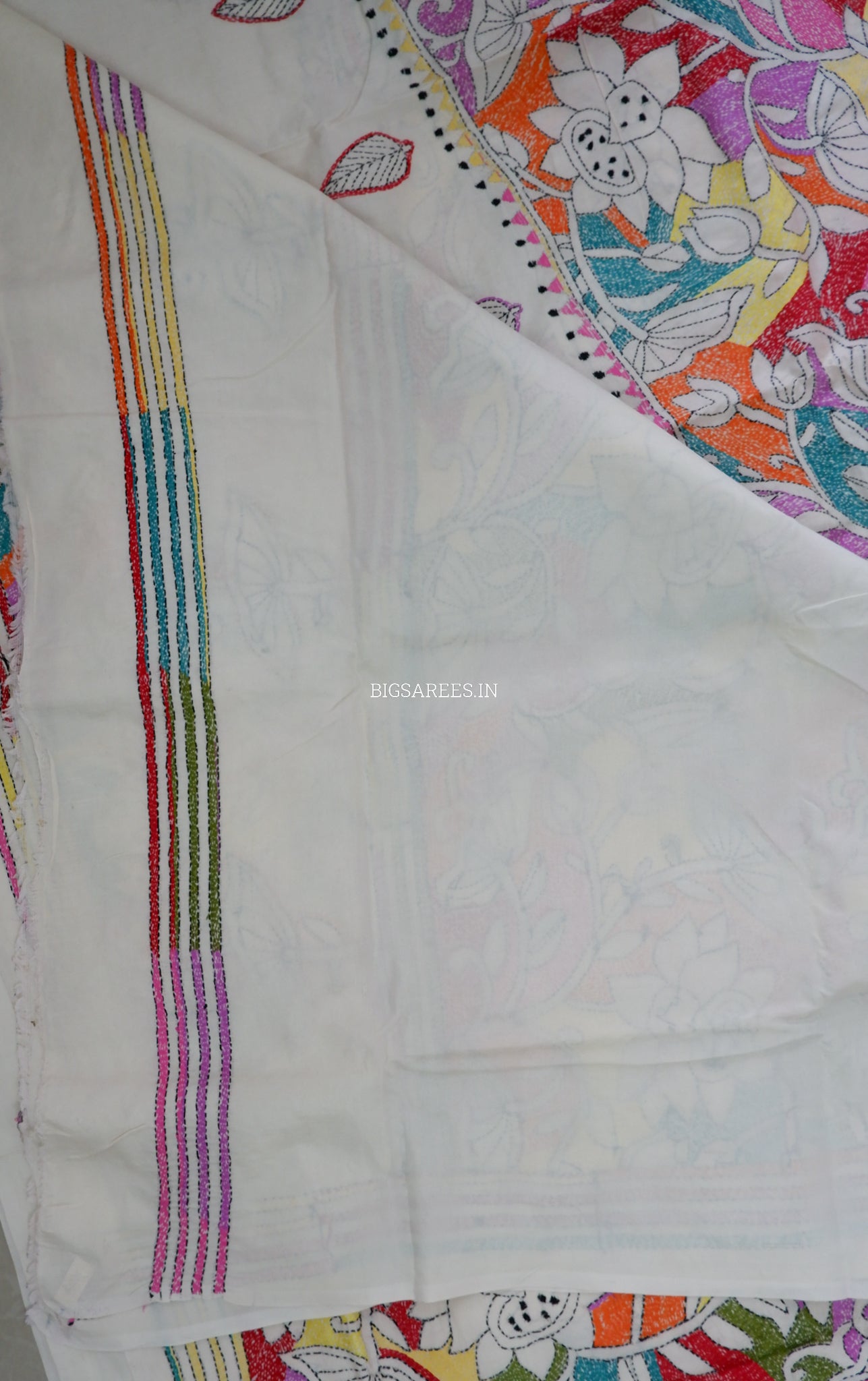 Reverse Kantha Stitch Hand Embroidered Saree |Mix Tussar Silk | Off - White