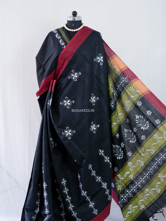 Kantha Stitch Hand-Embroidered Saree | Cotton | Black