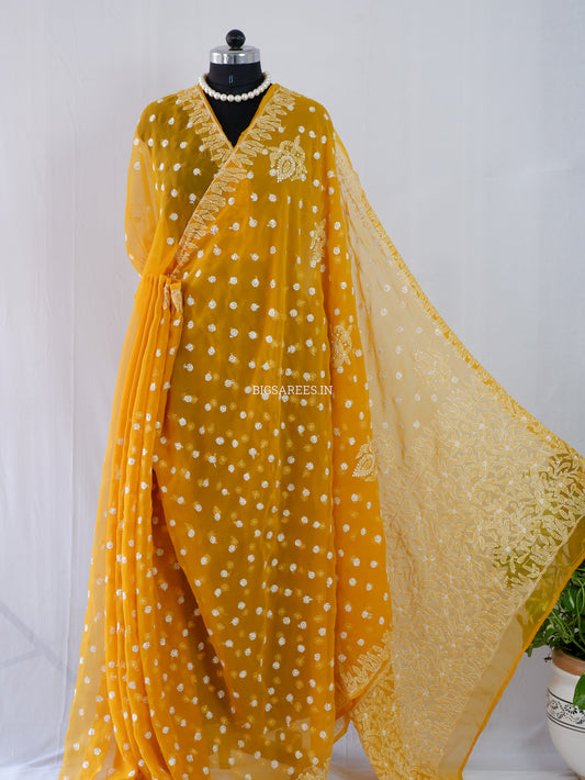 Chikankari Hand Embroidered Saree | Semi Georgette | Mustard