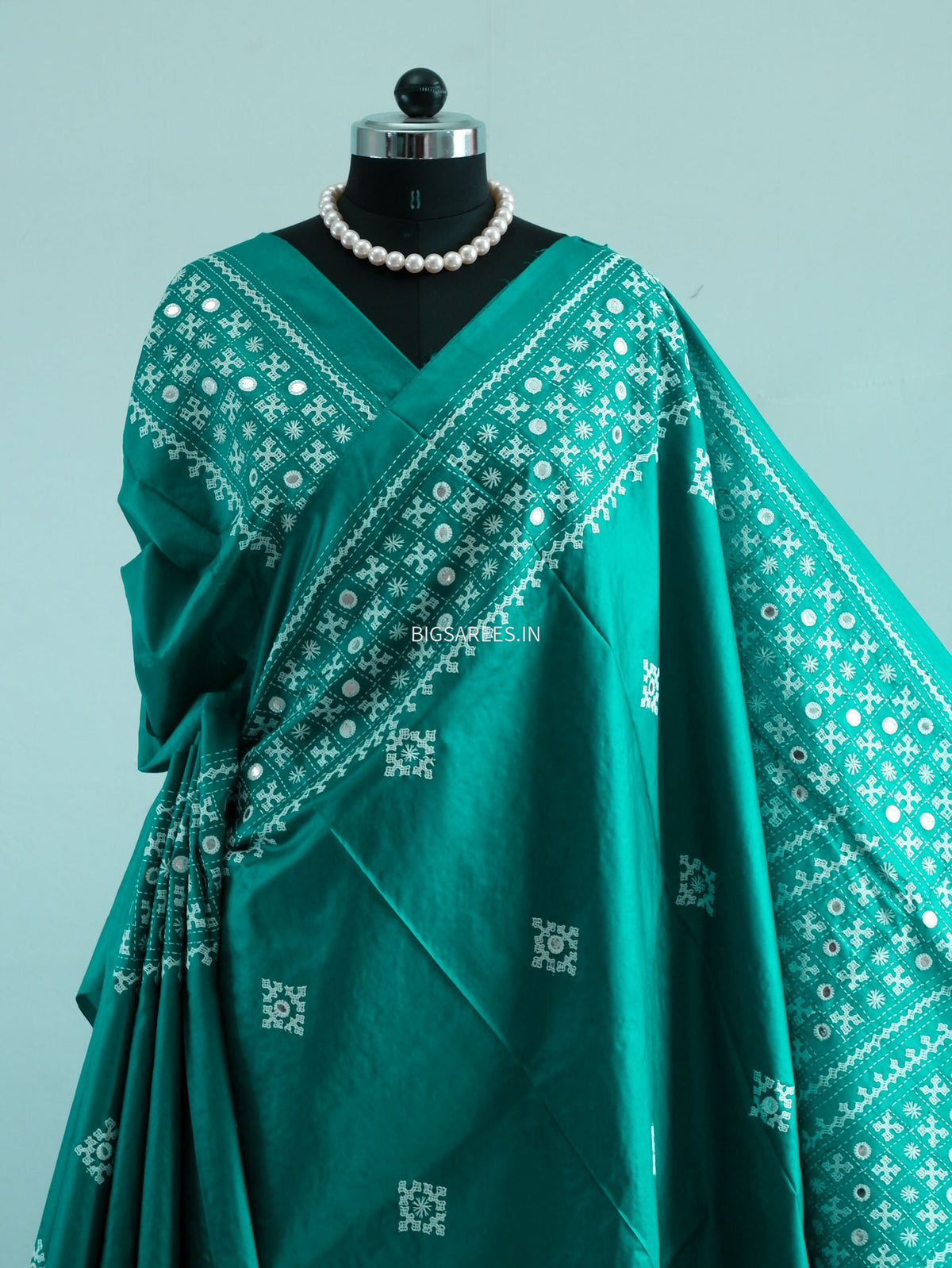 Kutch Hand Embroidered Saree| Pure Bangalore Silk | Silk Marked | Teal