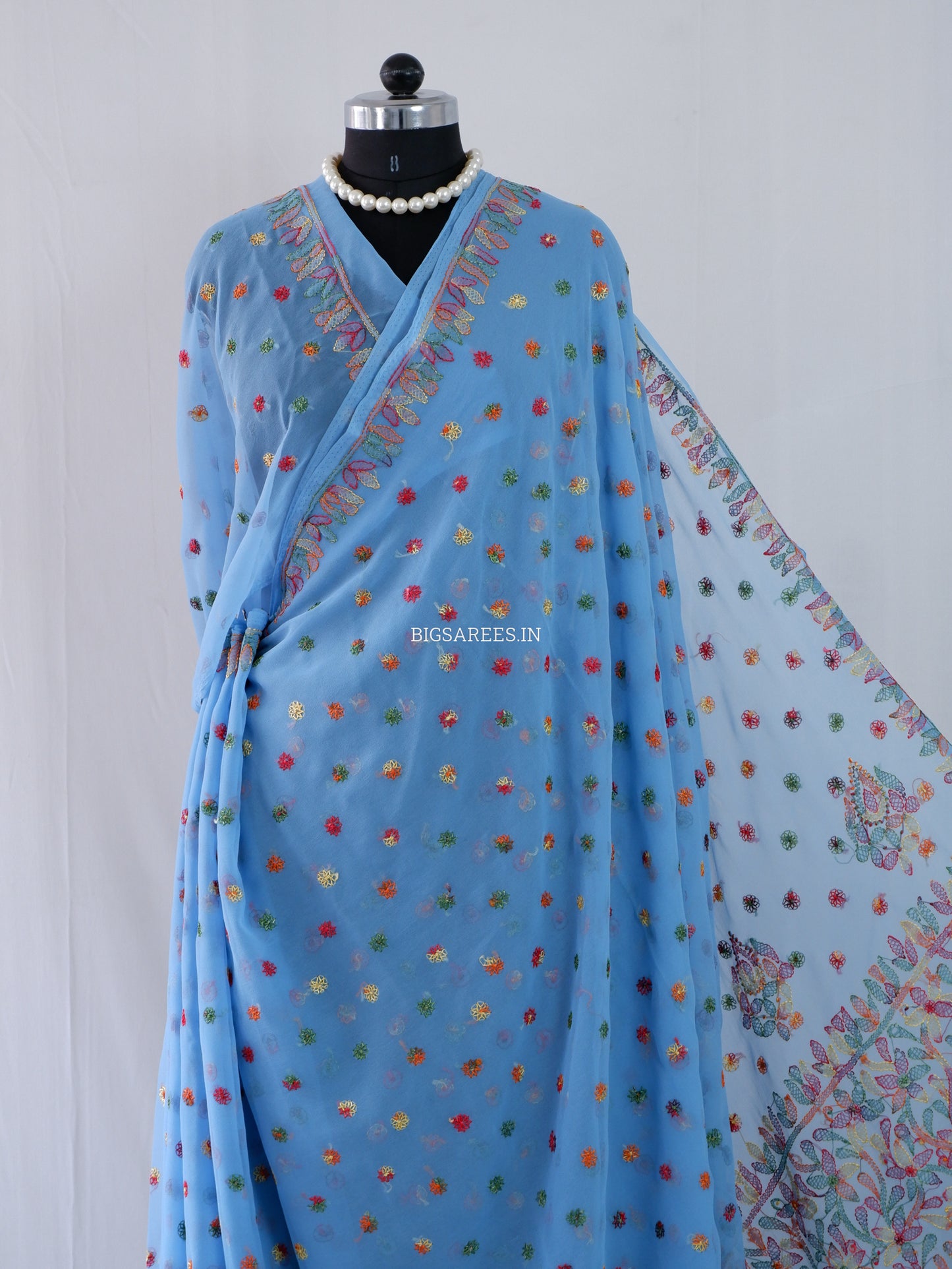 Chikankari Hand Embroidered Saree | Semi Georgette | Azure Blue