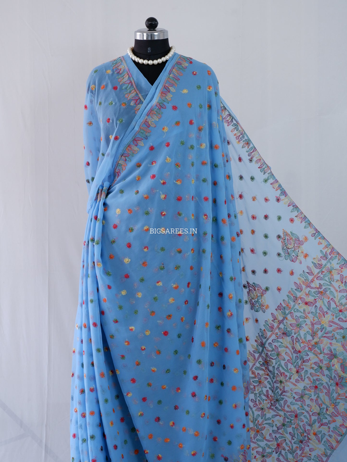 Chikankari Hand Embroidered Saree | Semi Georgette | Azure Blue