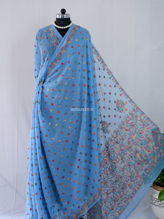 Chikankari Hand Embroidered Saree | Semi Georgette | Azure Blue