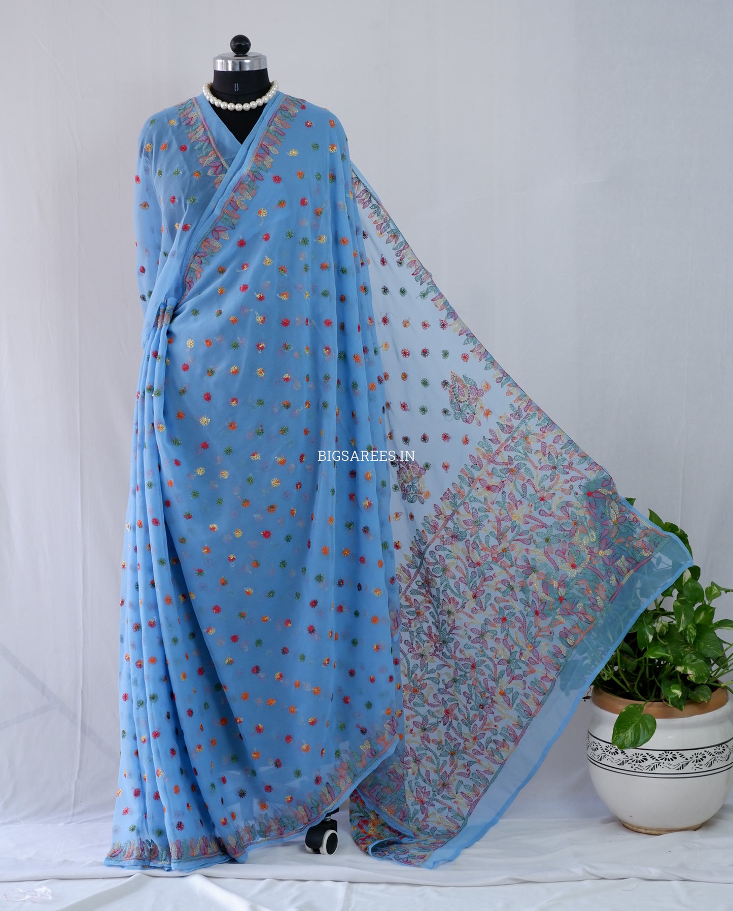 Chikankari Hand Embroidered Saree | Semi Georgette | Azure Blue