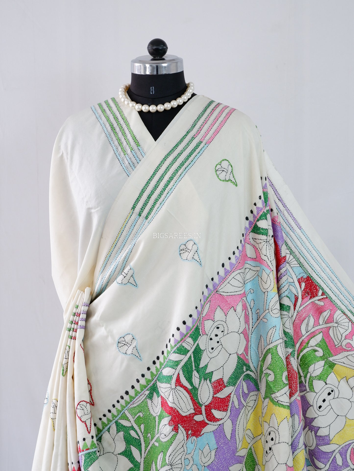 Reverse Kantha Stitch Hand Embroidered Saree | Mix Tussar Silk | Off white