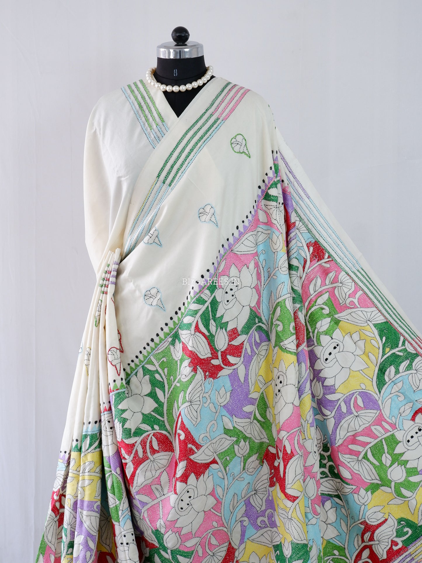 Reverse Kantha Stitch Hand Embroidered Saree | Mix Tussar Silk | Off white