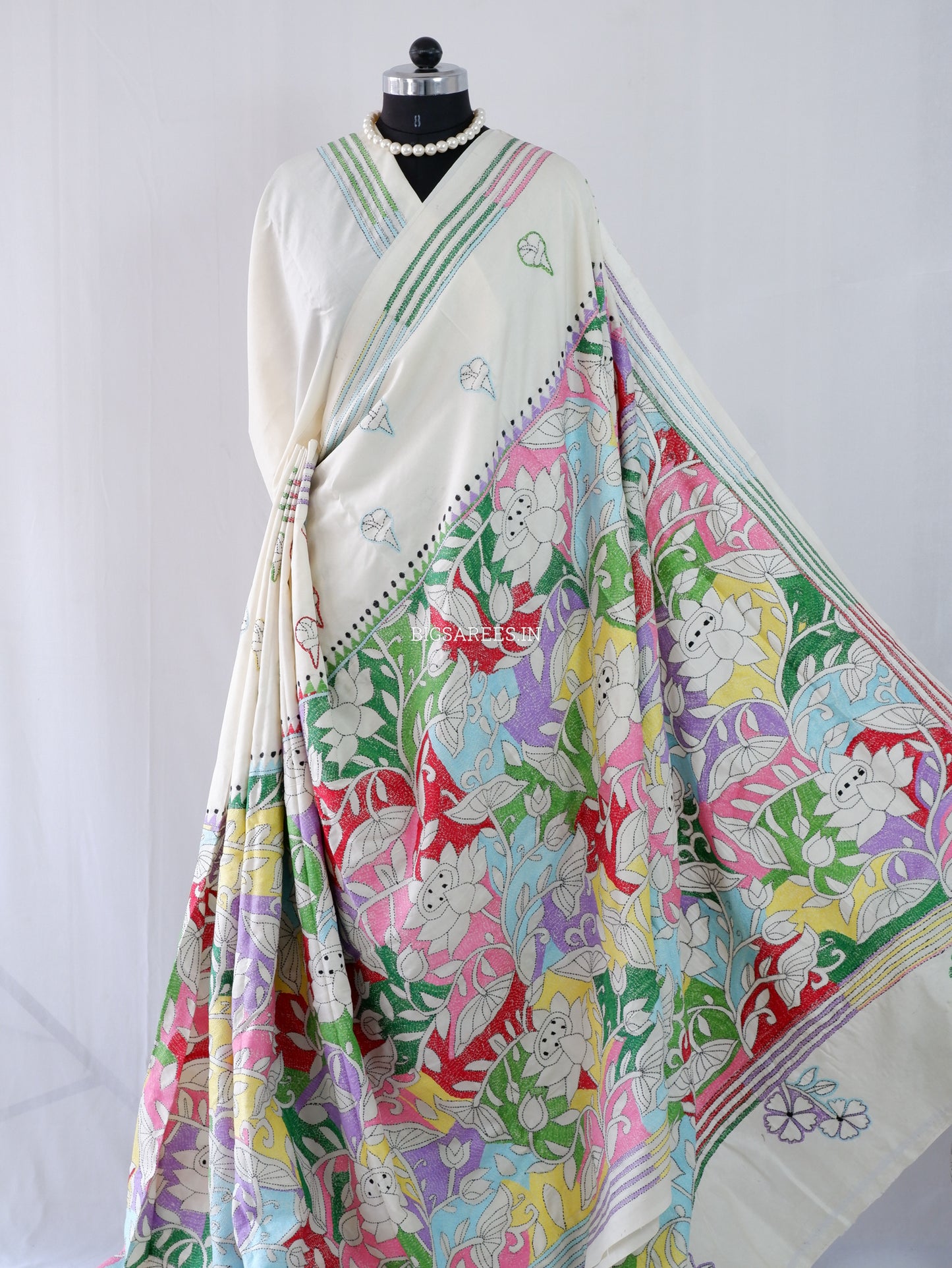 Reverse Kantha Stitch Hand Embroidered Saree | Mix Tussar Silk | Off white