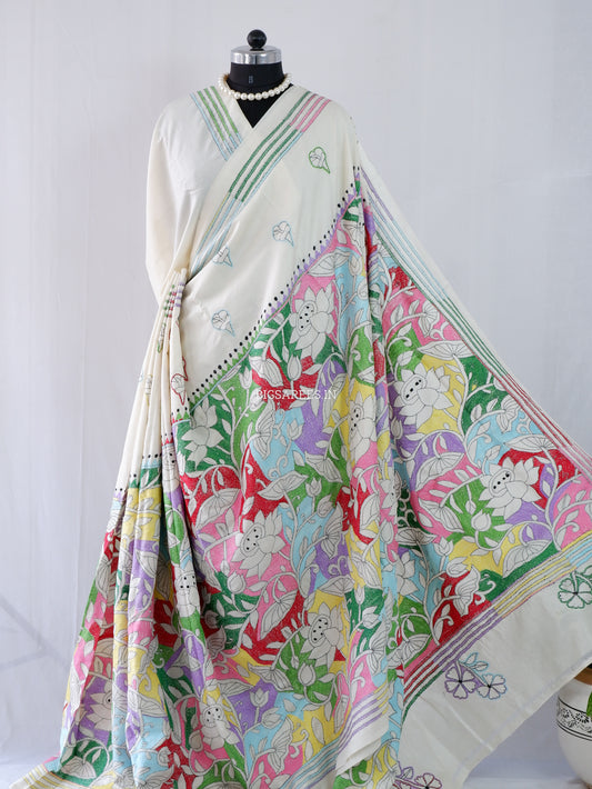 Kantha Stitch Hand Embroidered Saree | Tussar Silk |