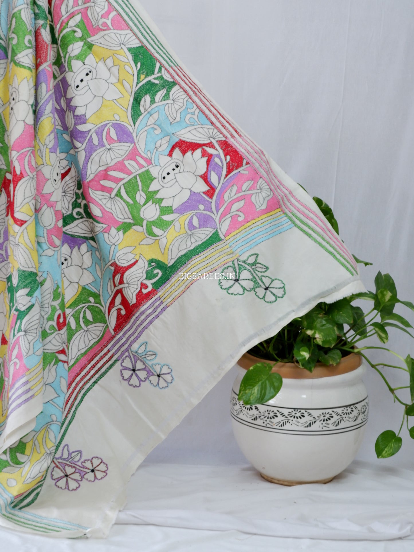 Reverse Kantha Stitch Hand Embroidered Saree | Mix Tussar Silk | Off white