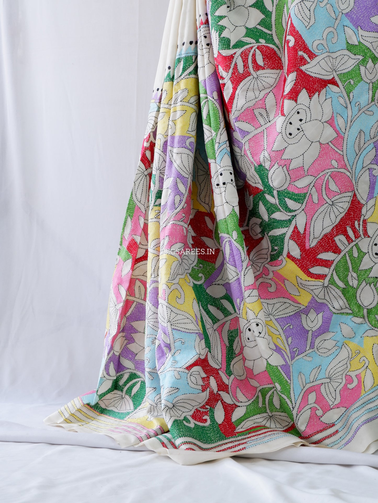 Reverse Kantha Stitch Hand Embroidered Saree | Mix Tussar Silk | Off white