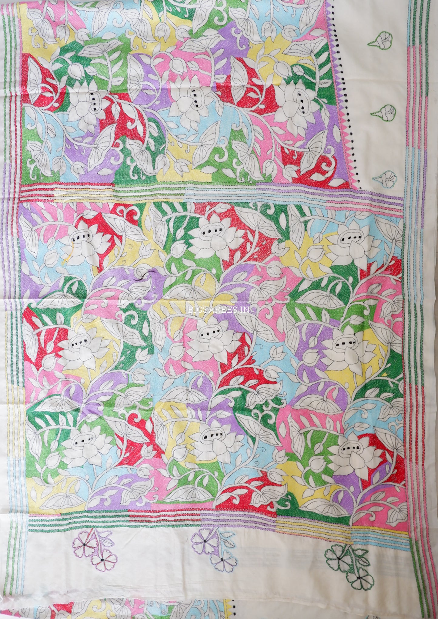 Reverse Kantha Stitch Hand Embroidered Saree | Mix Tussar Silk | Off white