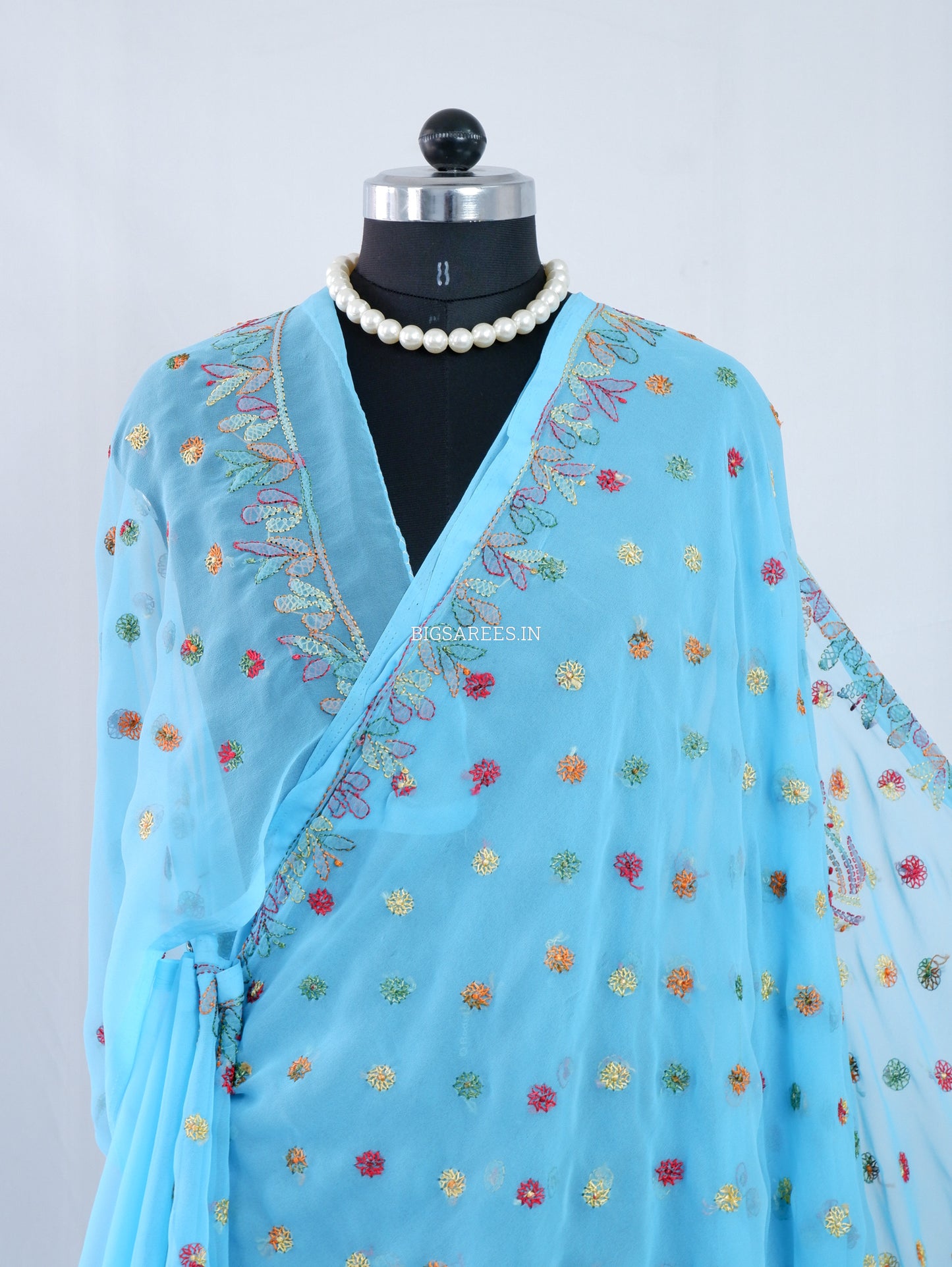 Chikankari Hand Embroidered Saree | Semi Georgette | Light Blue