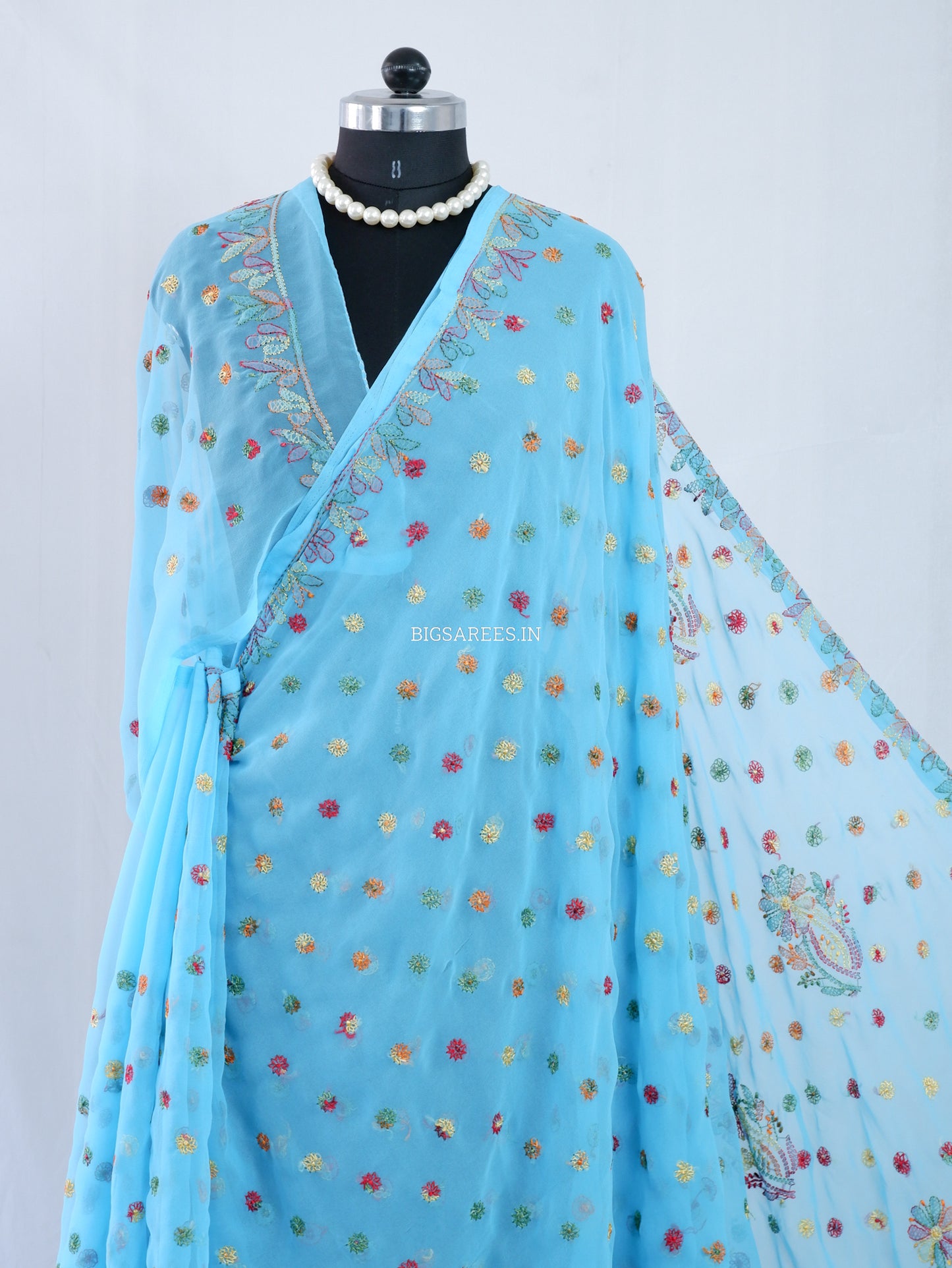 Chikankari Hand Embroidered Saree | Semi Georgette | Light Blue