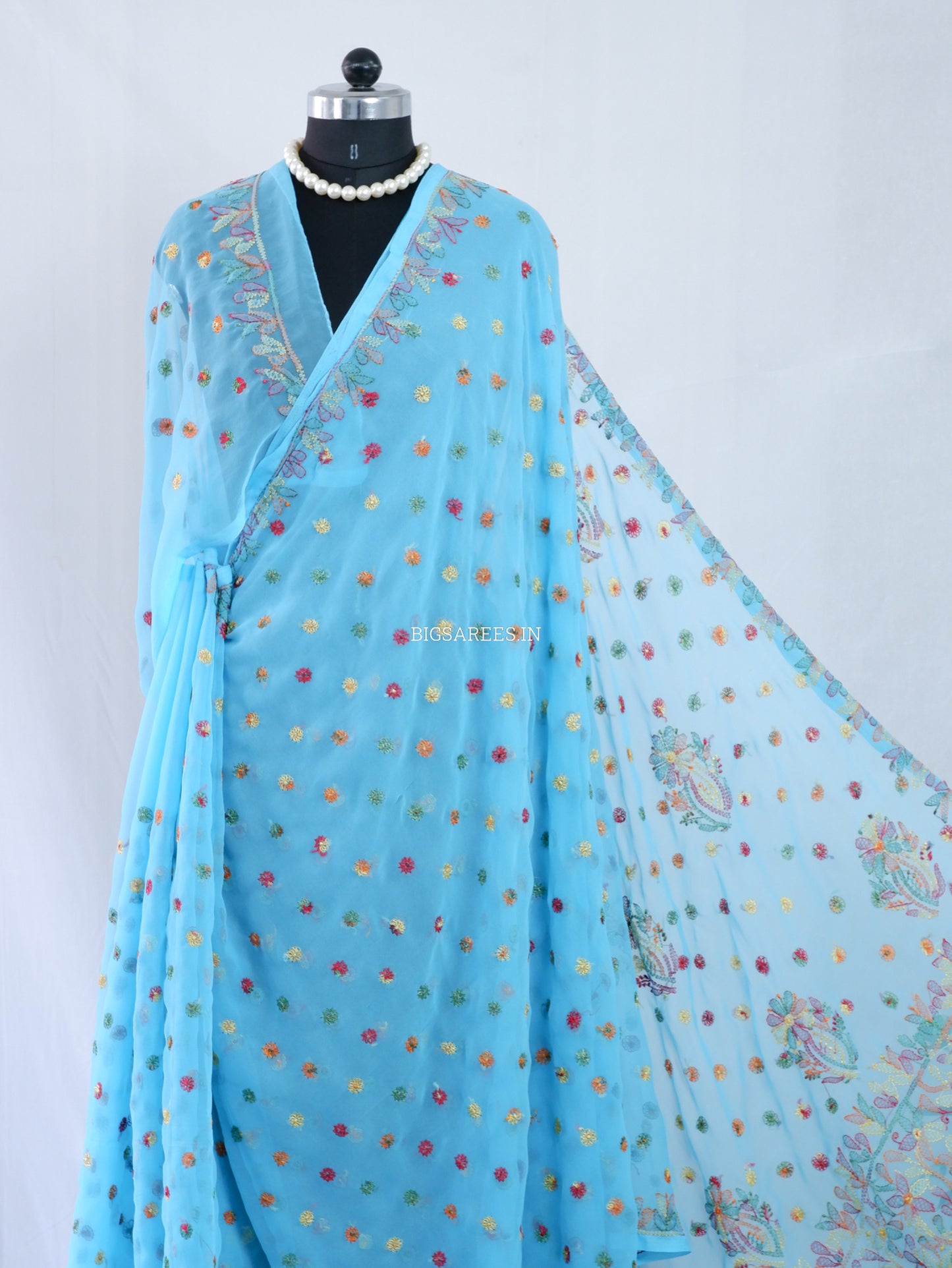 Chikankari Hand Embroidered Saree | Semi Georgette | Light Blue