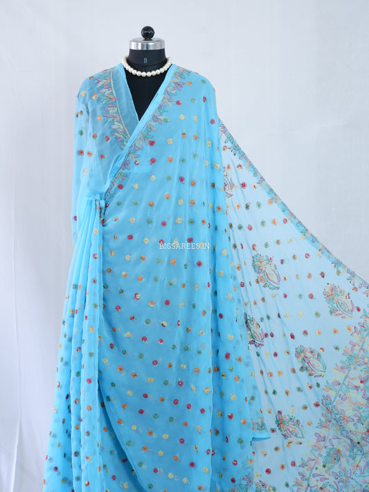 Chikankari Hand Embroidered Saree | Semi Georgette | Light Blue
