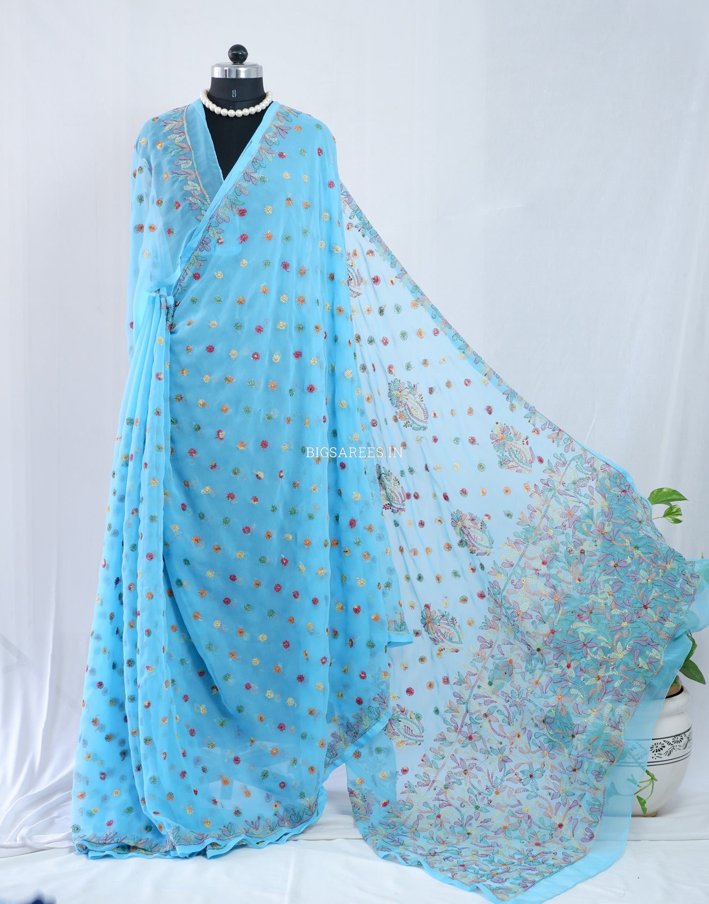 Chikankari Hand Embroidered Saree | Semi Georgette | Light Blue