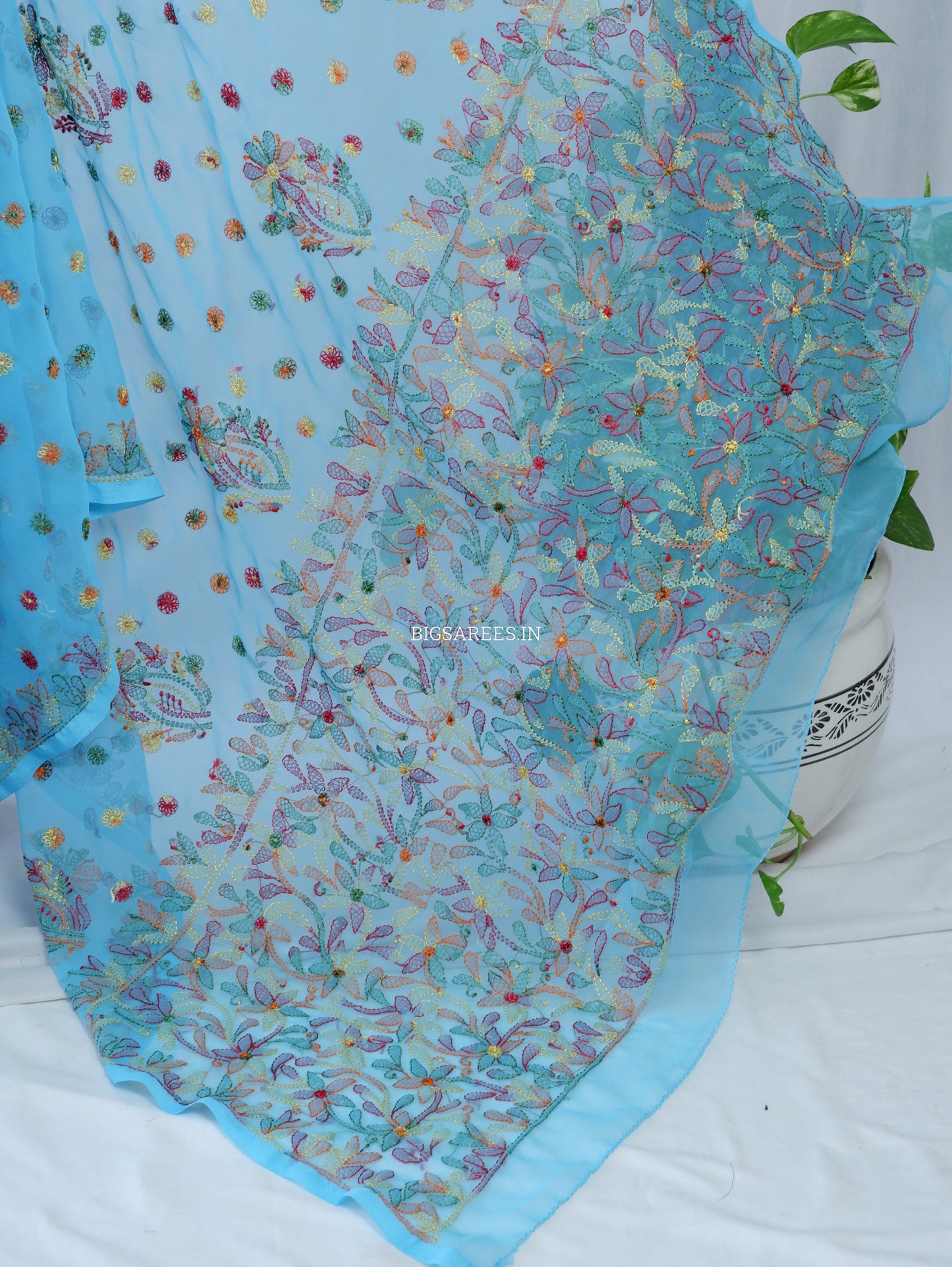 Chikankari Hand Embroidered Saree | Semi Georgette | Light Blue