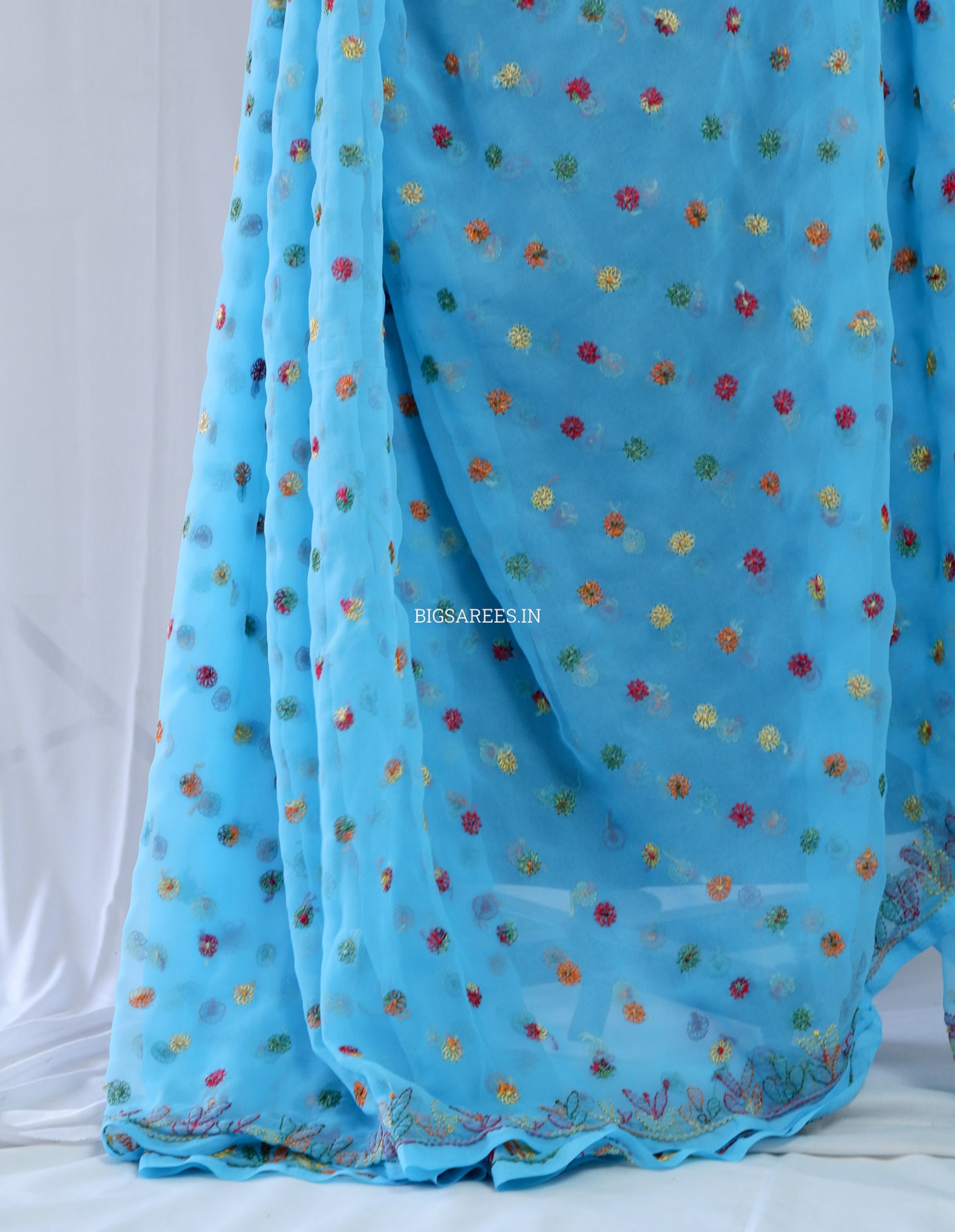 Chikankari Hand Embroidered Saree | Semi Georgette | Light Blue