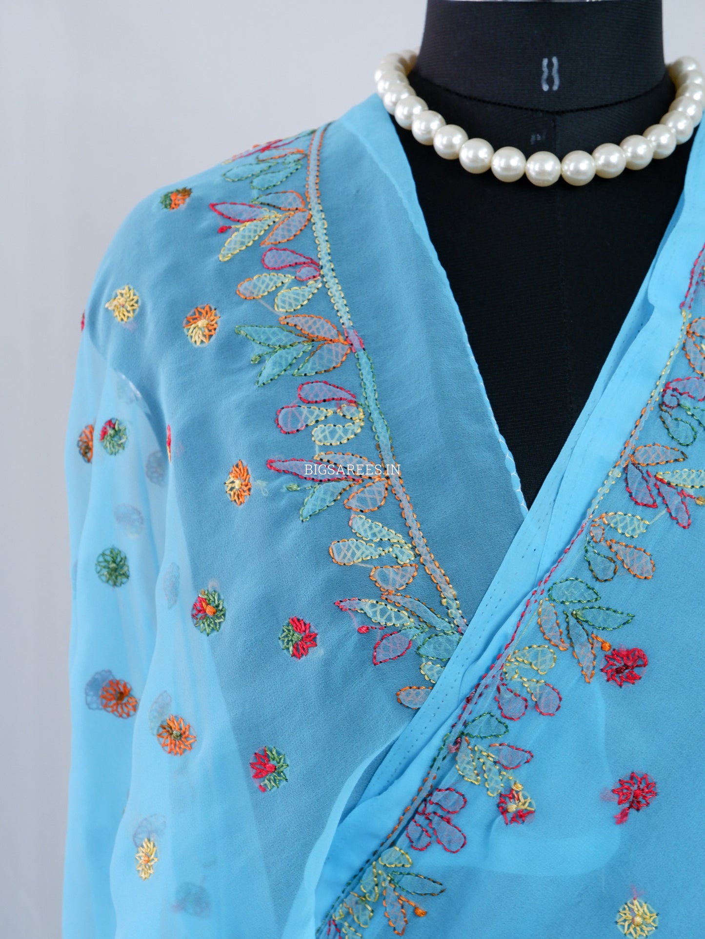 Chikankari Hand Embroidered Saree | Semi Georgette | Light Blue